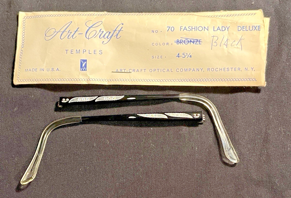 NOS ART-CRAFT no.70 Fashion Lady Deluxe Black Engraved Alum Temples 4-5 1/4 2pc