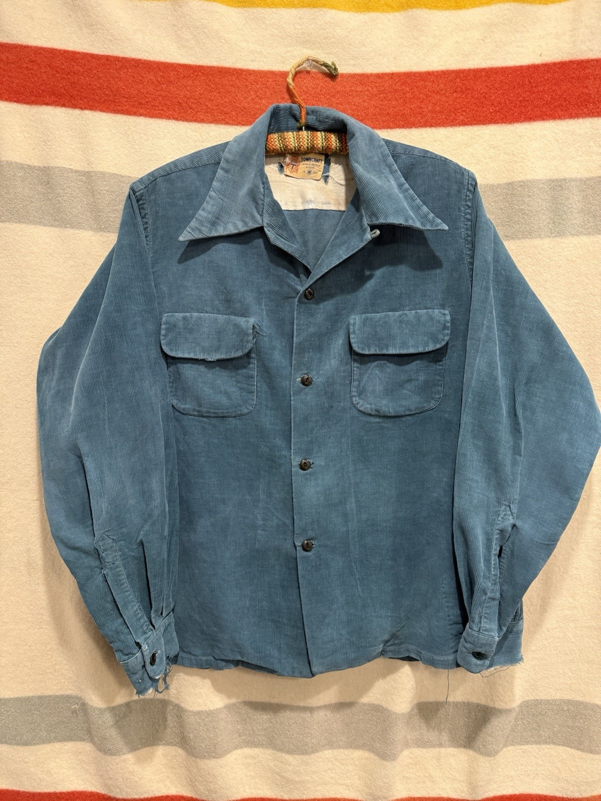 Vntg 50s JC Penny Towncraft Corduroy Double Pocket Loop Collar Button Up Shirt M