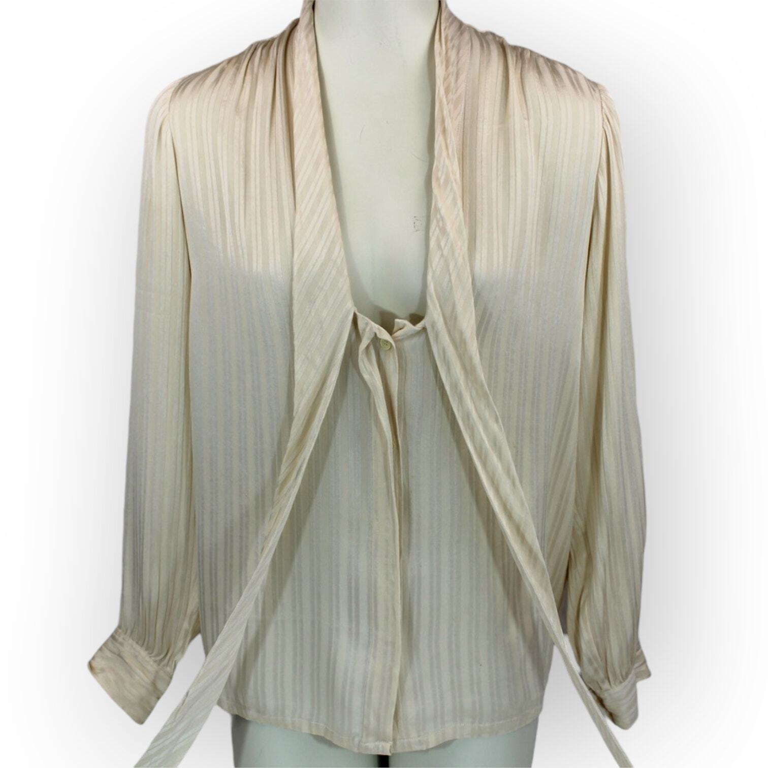 Vintage Cache Silk Blouse (S) Ivory~Cream V-Neck Pussy Floppy Bowtie Lavalliere