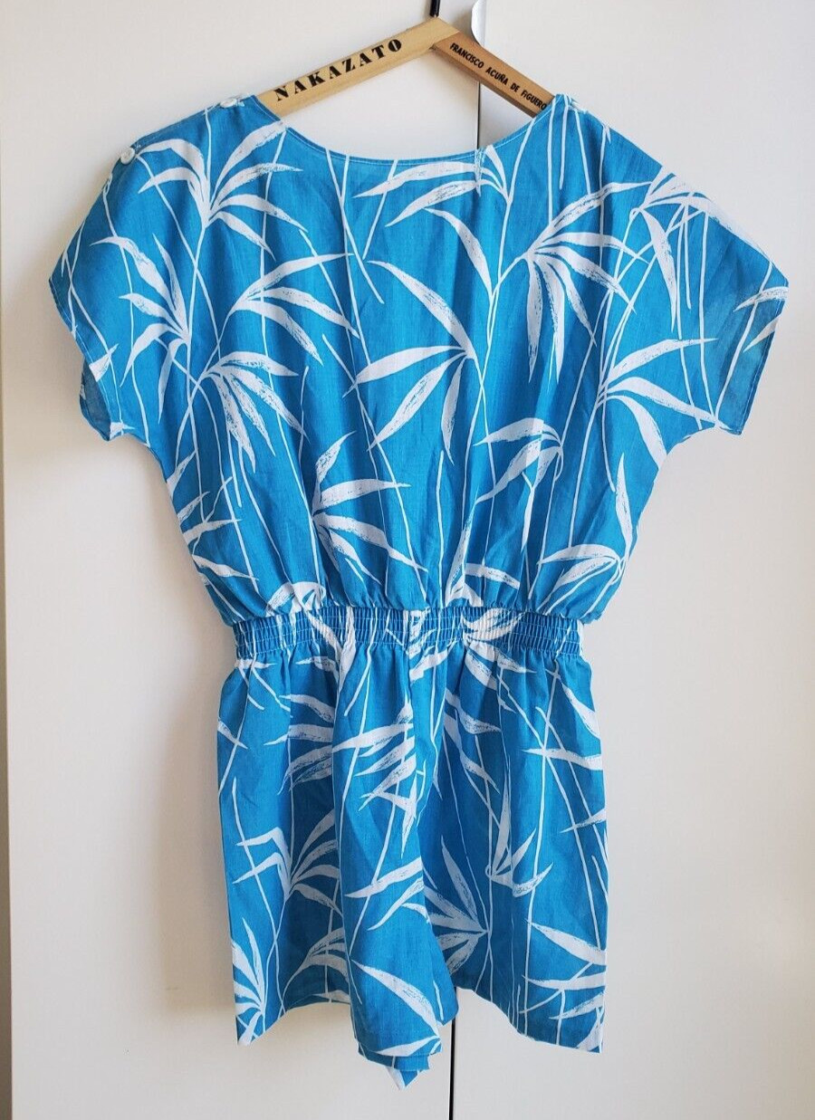 Vintage 80s Hawaiian Romper Blue Turquoise Tropical Palm Tress Bamboo Cotton S