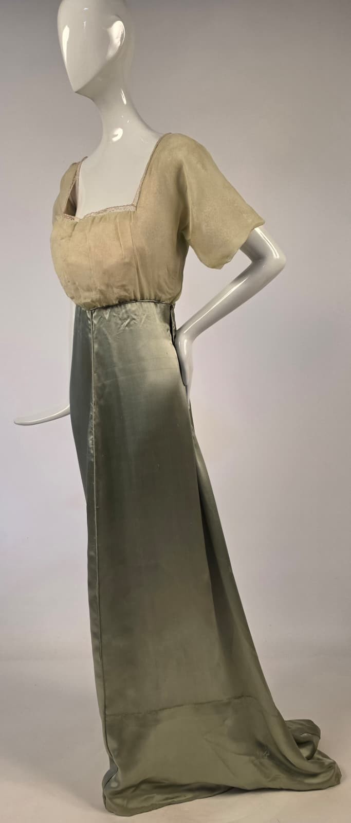 EDWARDIAN 1913 LIBERTY OF LONDON SILK SATIN + CHIFFON GOWN DRESS W TRAIN 