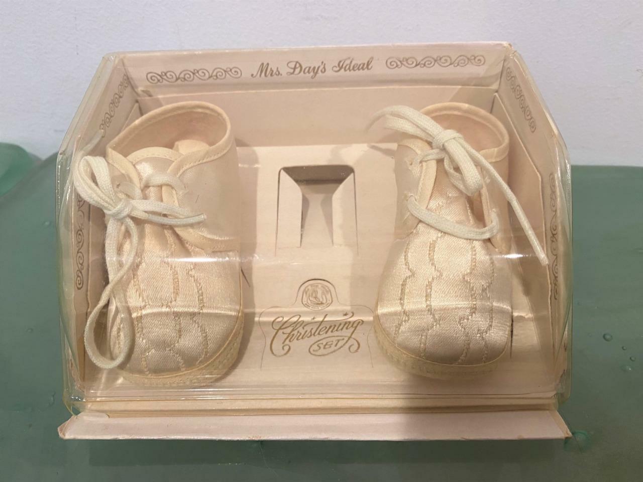 Mrs Day’s Ideal Baby Christening Shoes 50’s White Satin Embroidery Vtg NIB Sz 3
