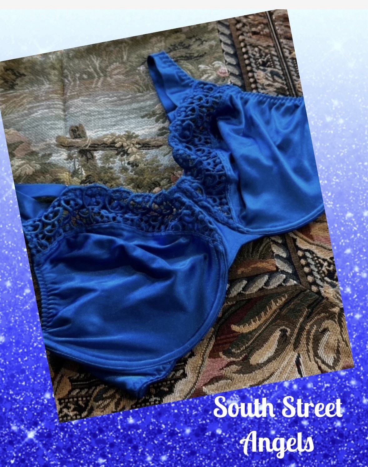 VINTAGE OLGA 33511 ROYAL BLUE SATIN LACE EDGINGS EMBROIDERED UW BRA ~ SIZE 38DD