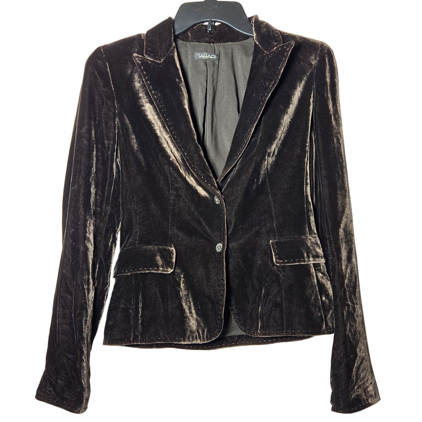 Tahari Womens Brown Silk Blend Velvet Blazer Jacket XS Victorian Regency Holiday