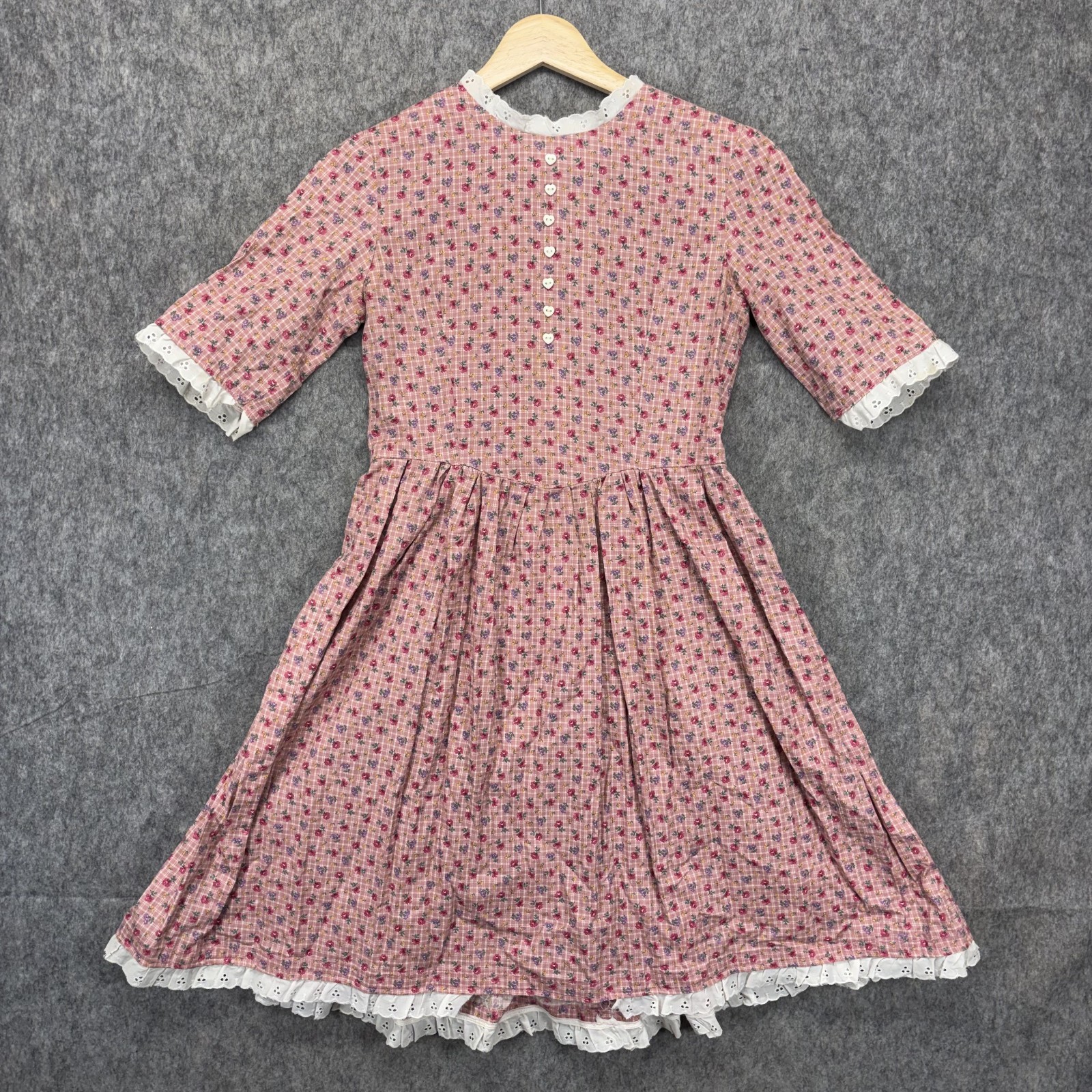 Vintage Praire Dress Cottage Core Cotton Lace Pink Floral Midi Handmade