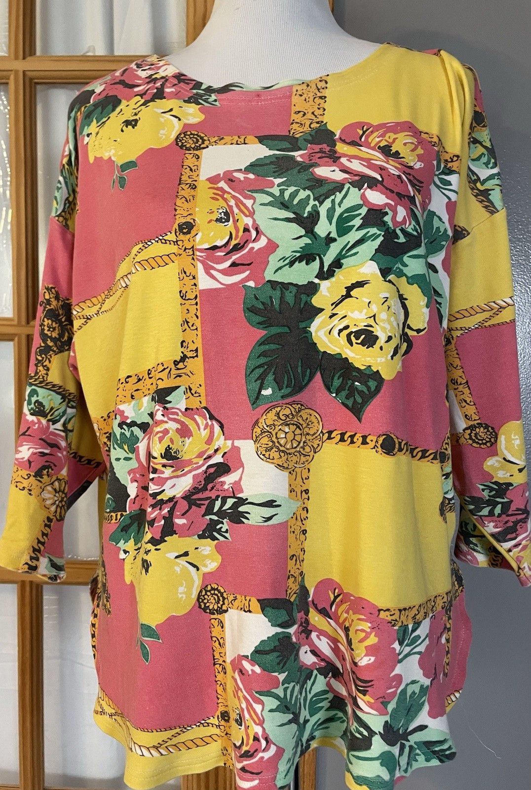 Vintage 80s Floral Pullover Top XL Yellow Pink Faux Patchwork Chain Boho Festive