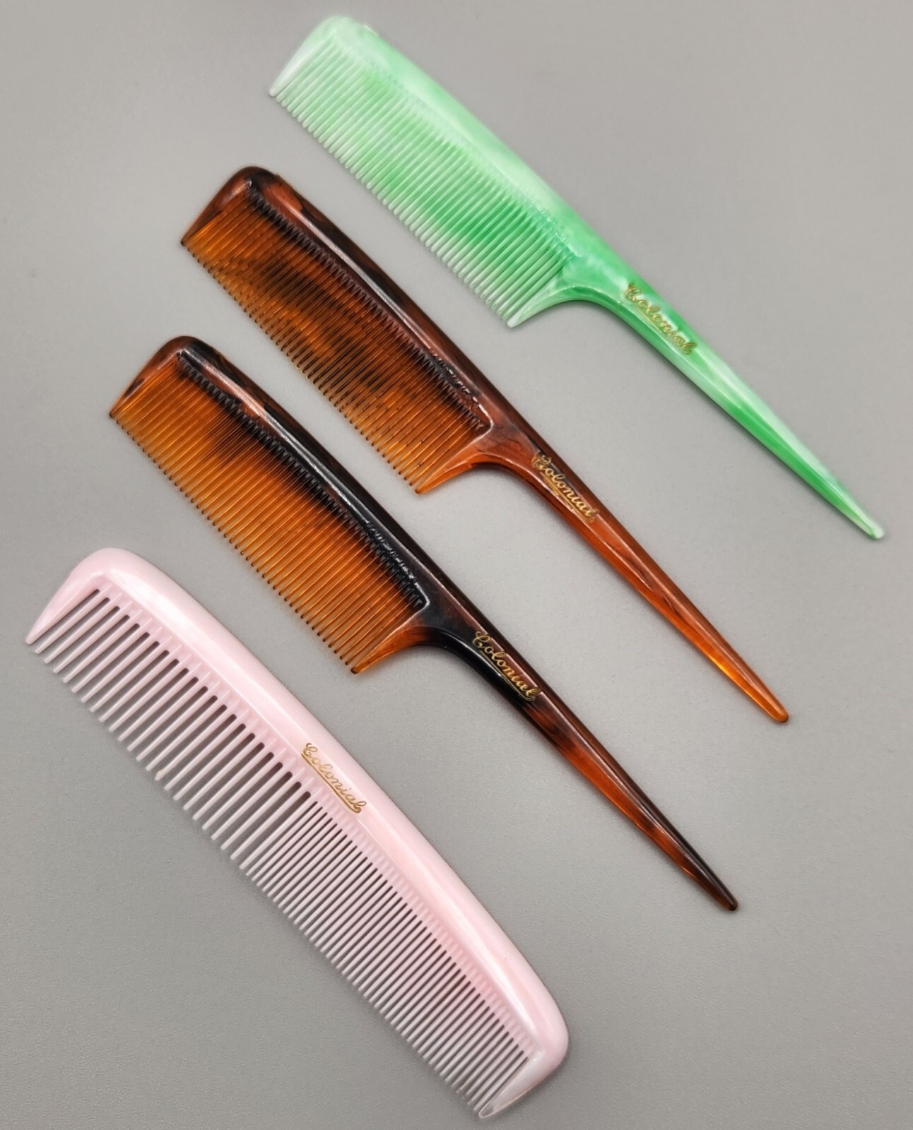 4 Vintage COLONIAL Combs Two-Toned: 1 Mint Green/White, 2 Black/Brown & 1 Pink