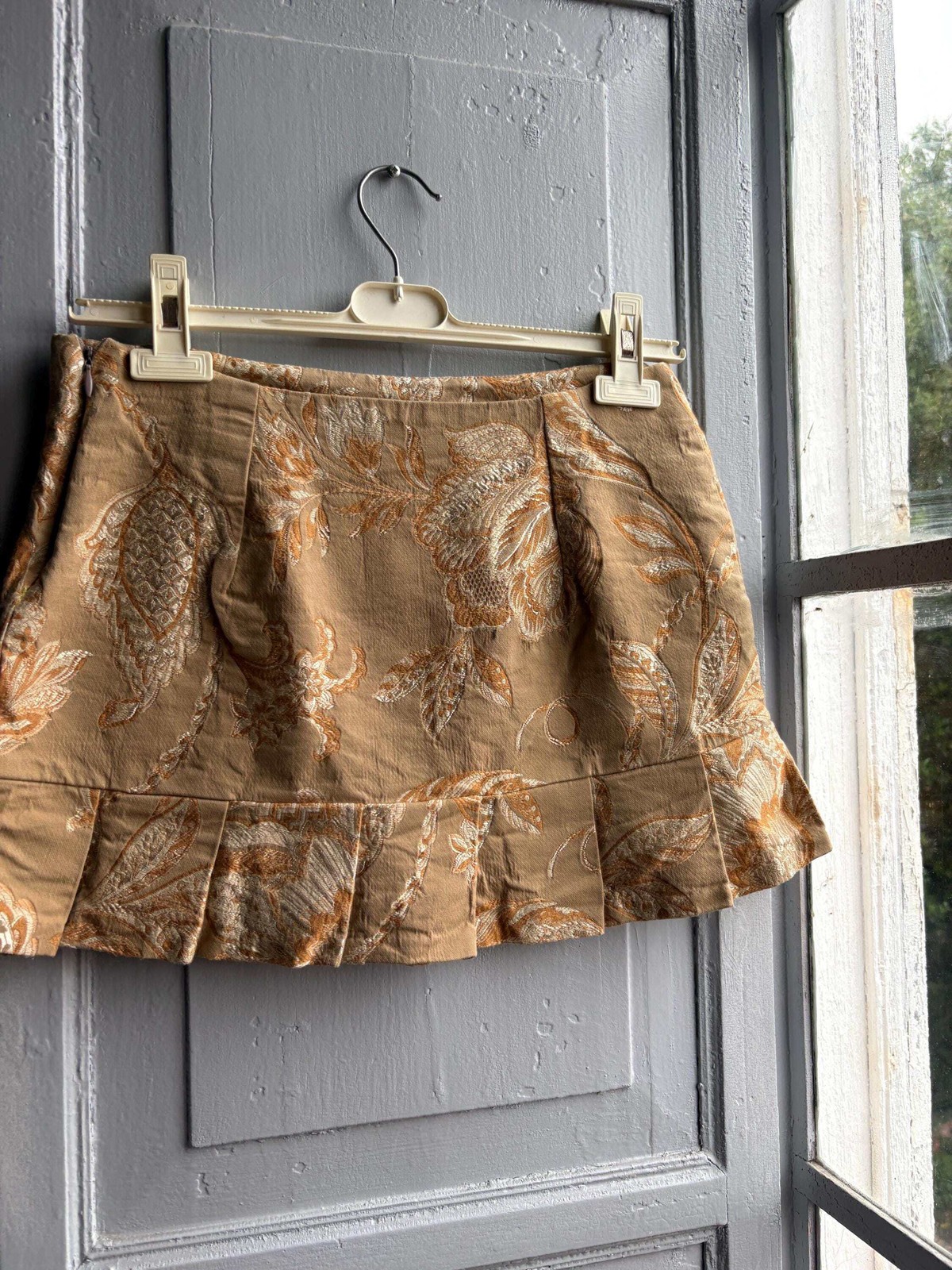 Y2K Brocade Two Piece Set, Women Corset Top Mini Skirt, Gold Floral Coquette Par
