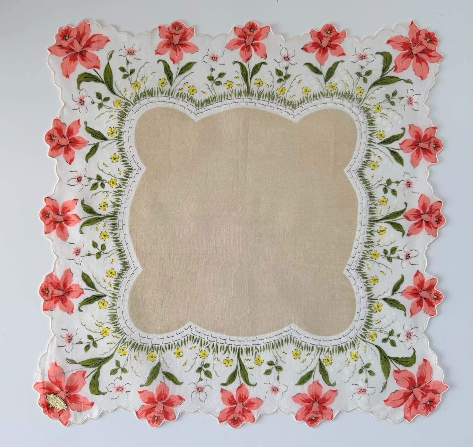 VINTAGE HANKY FLORAL TULIP PRINT PEACH PINK GREEN PRETTY~ NEW W/ TAG EXCELLENT
