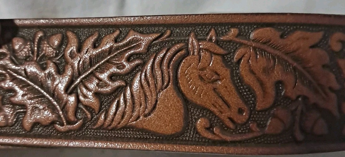 VTG Hand Tooled Leather Belt 40″ Sand & Sage Colorado Horses & Oak Leaves 1.5″W