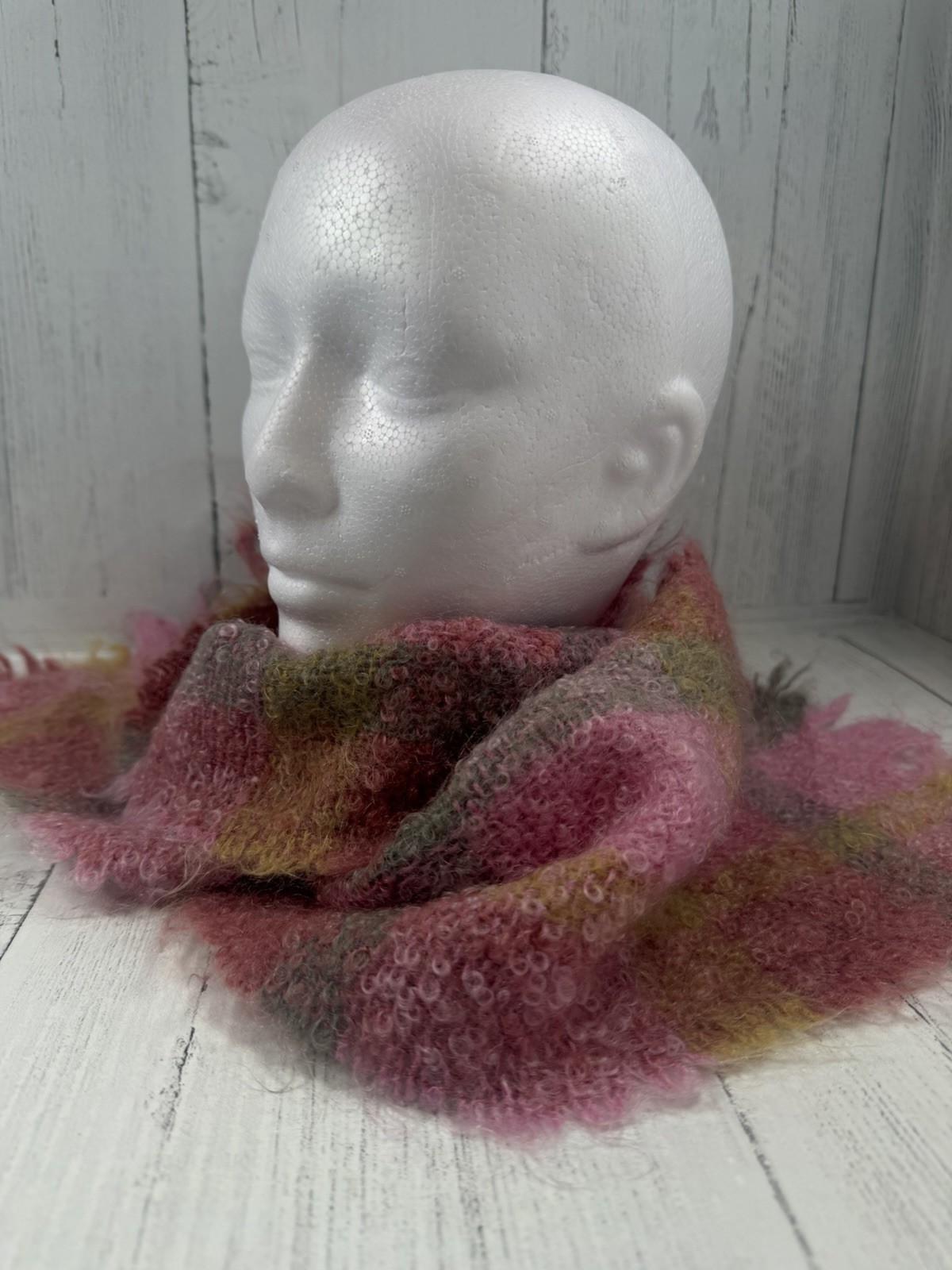 Brushed Mohair Plaid Scarf Pink Yellow Green Fluffy Soft Vintage Style