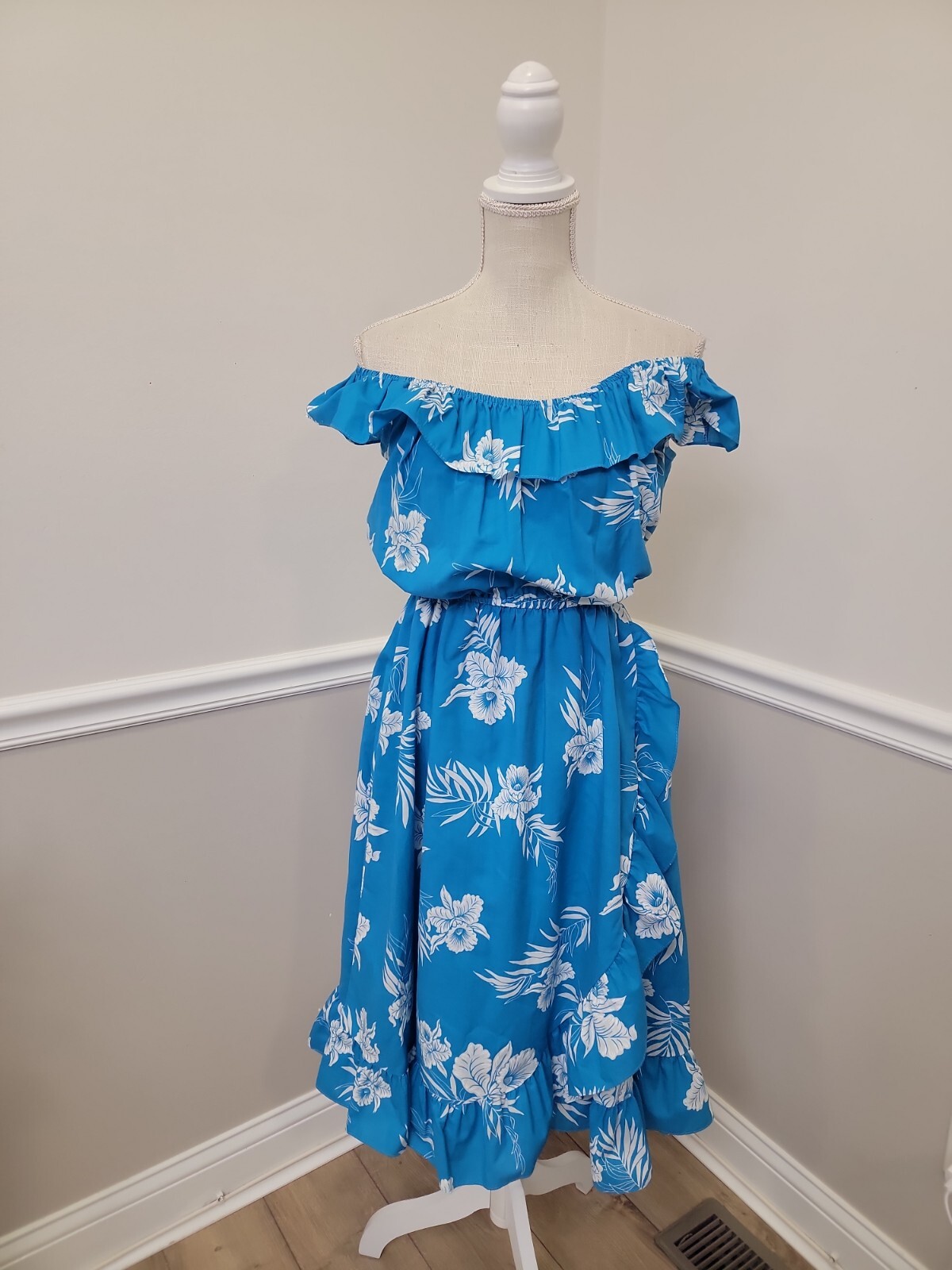 Vintage Kole Kole Hawaiian Blue Sun Dress Off The Shoulder Hawaii Womens