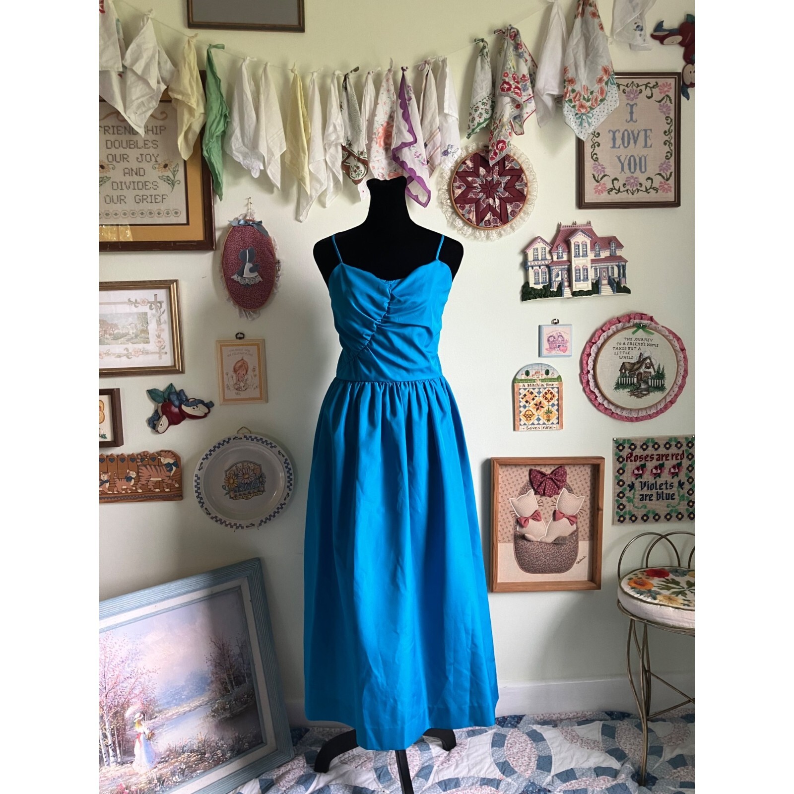 70’s/80’s VTG Dessy Creations blue ruched formal prom midi dress