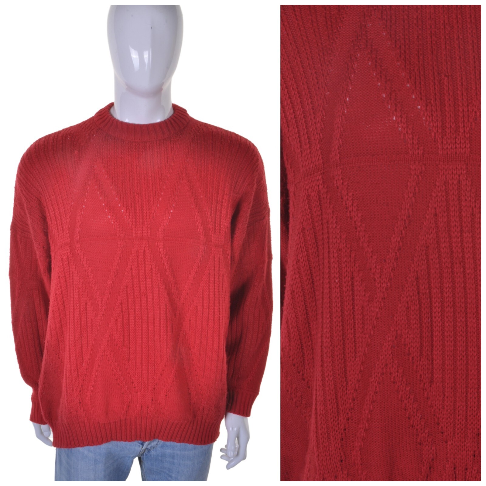 Vintage ST MICHAEL Red ARAN Sweater L Chunky Cable Knit Arran Fisherman Jumper