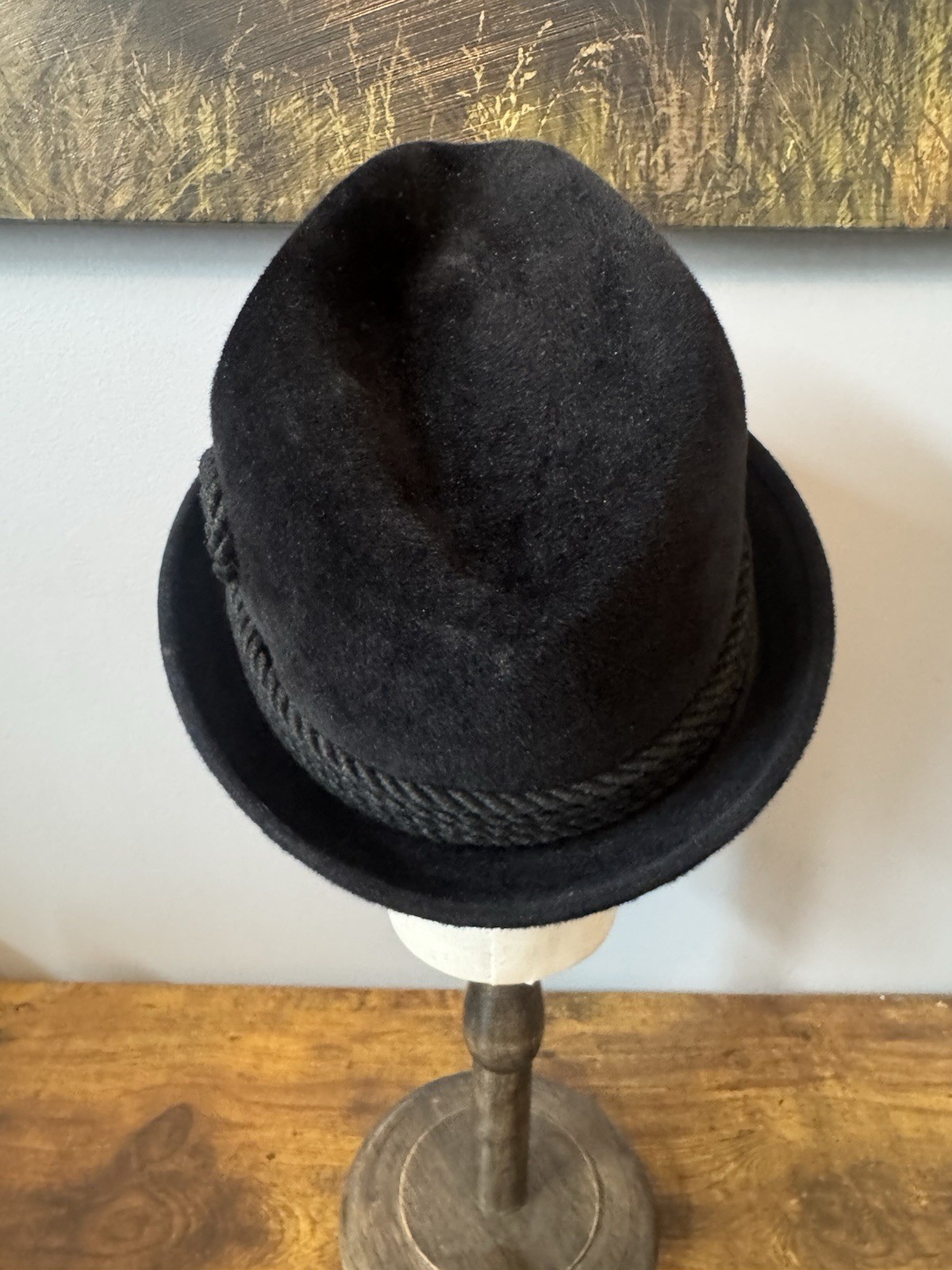 Vintage Black Velour Fur Felt Fedora Trilby Hat Size 7 Rope Band Short Brim