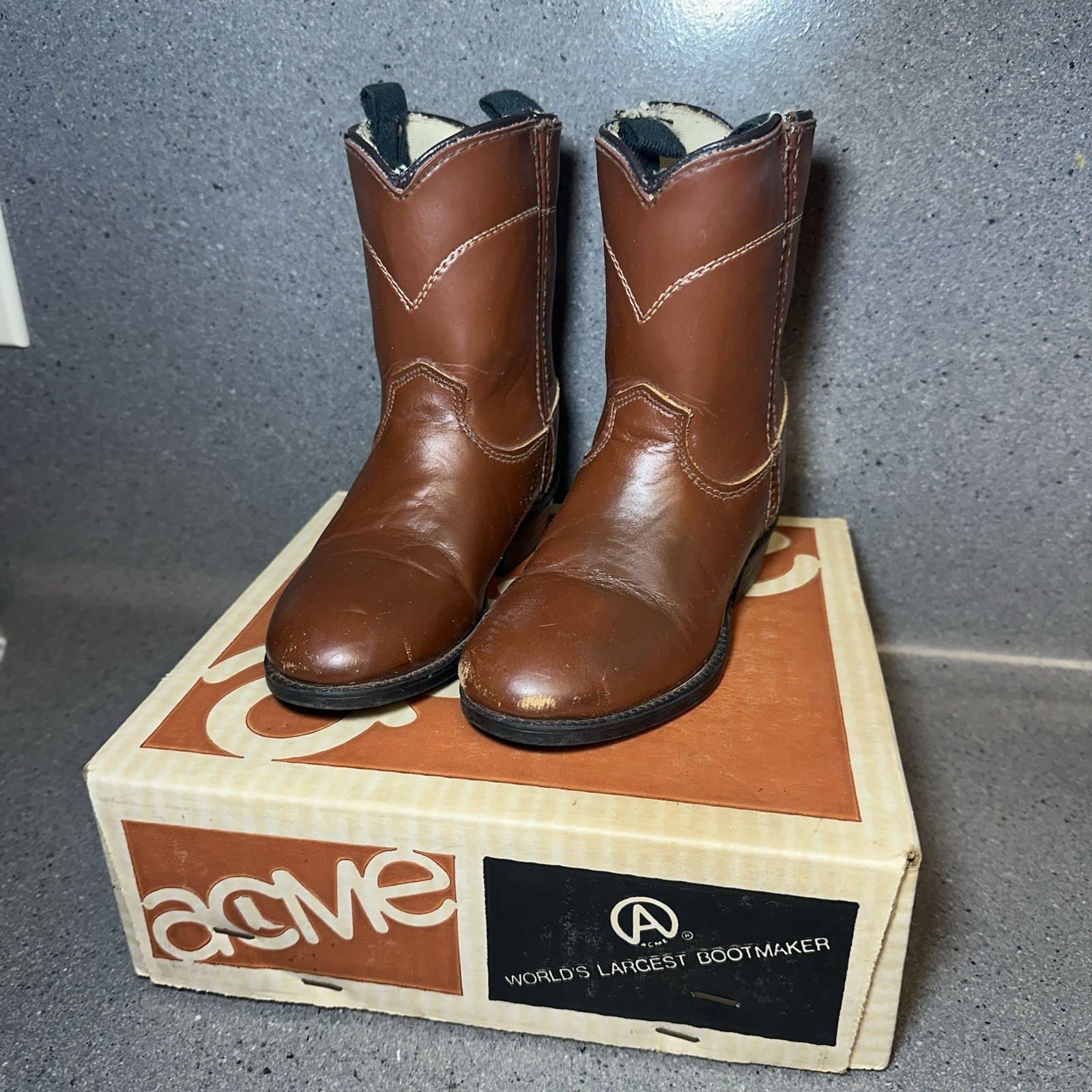 Vintage ACME Childs Cowboy Boots Brown In Original Box Toddler 7D