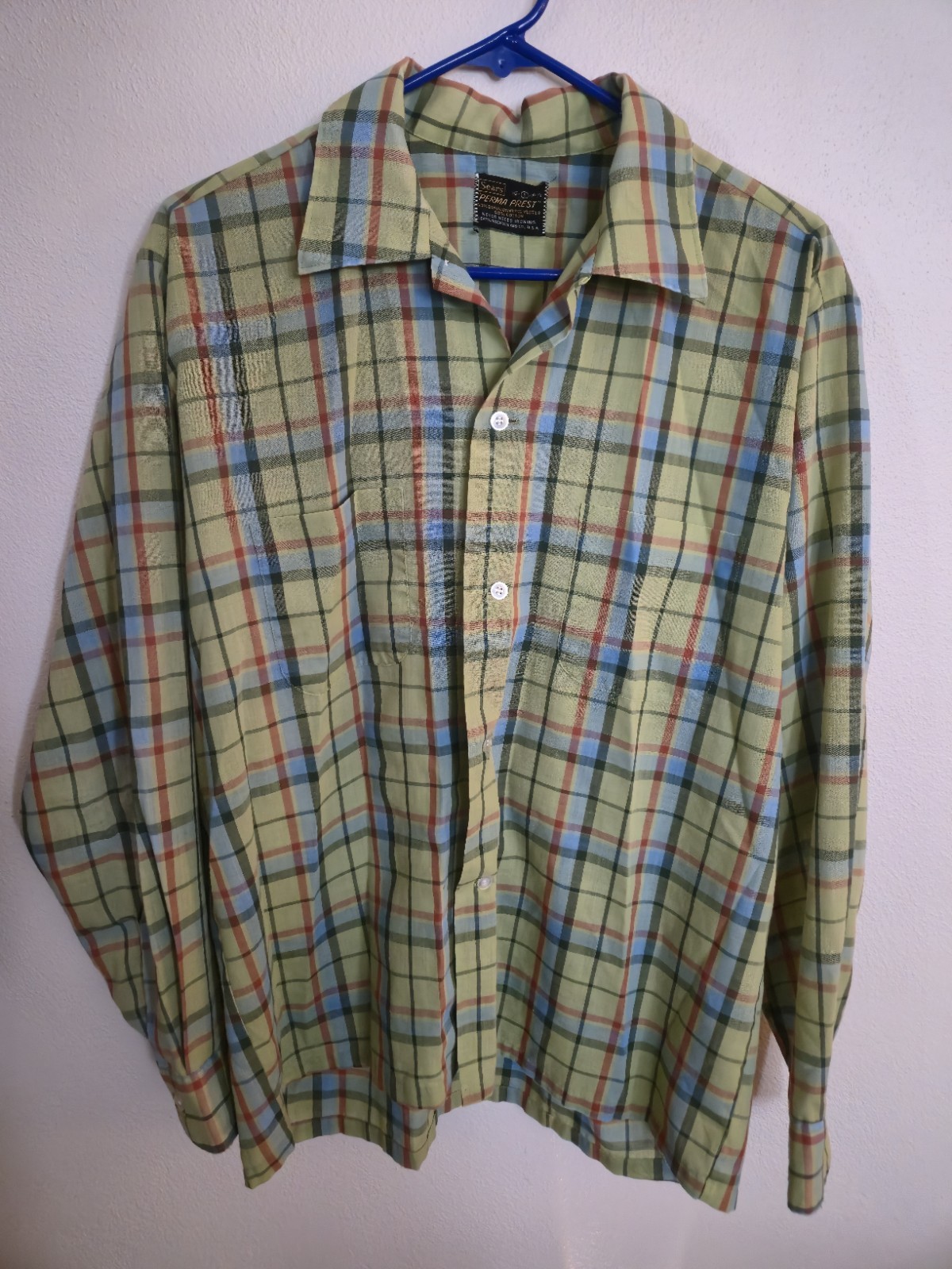 Vintage Sears Plaid Button-Front Long Sleeve Shirt Green Multi L Dacron Cotton