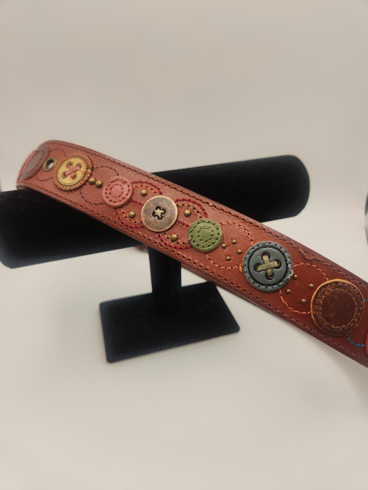 Vintage Fossil Brown Leather Mixed Media Patchwork Button Belt Medium Boho Y2K