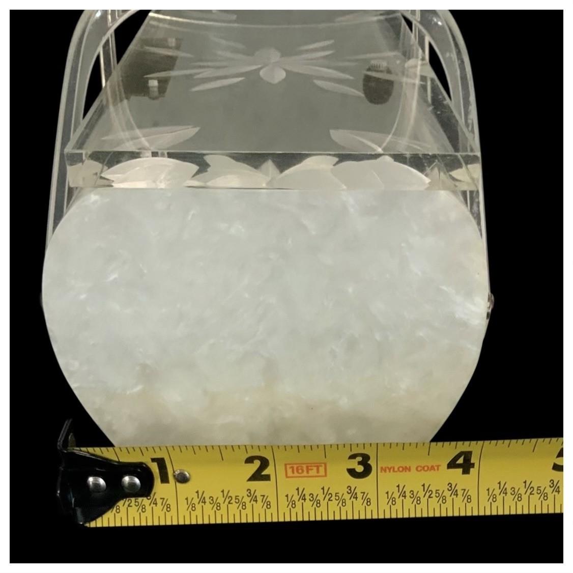 Vtg Pearlescent Lucite Elongated Oval Purse 8 x 3½” – Double Handle/Latch Intact