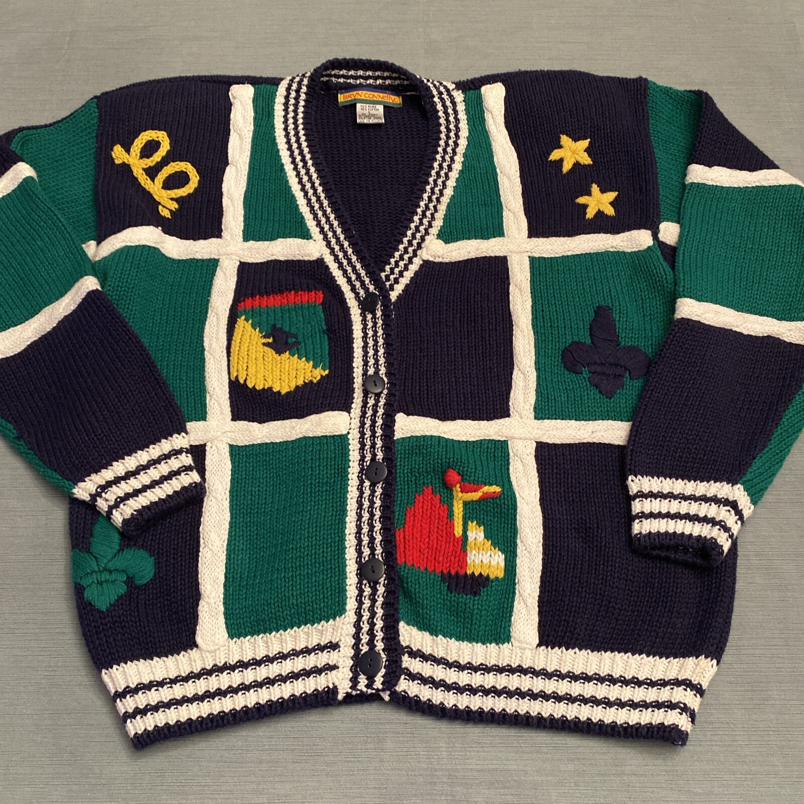 Vintage Color Block Knit Sweater Nautical Women’s Size Large 90’s Cardigan Retro