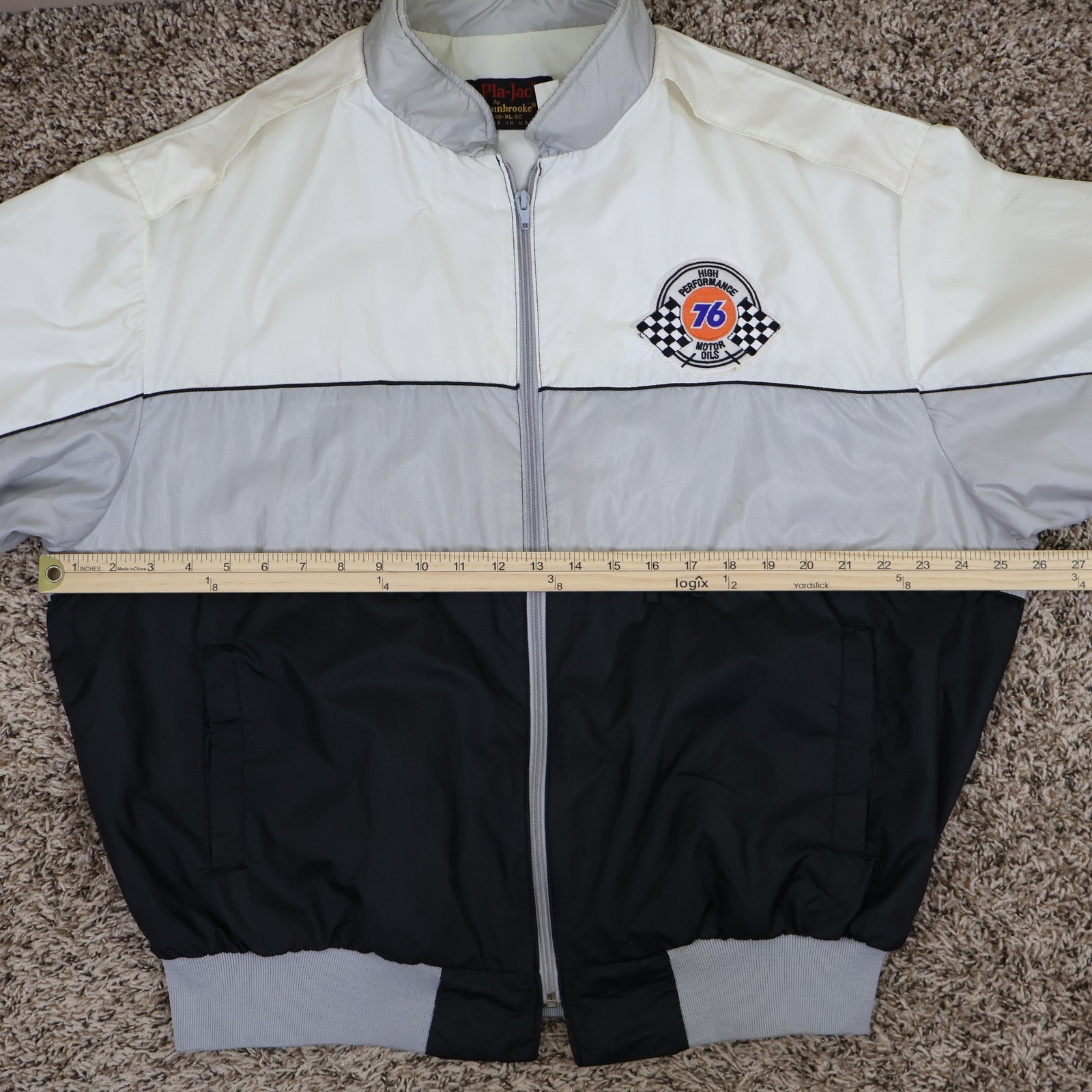 Vintage 80s Pla-Jac 76 Motor Oils Racing Bomber Jacket XL White Grey Black USA