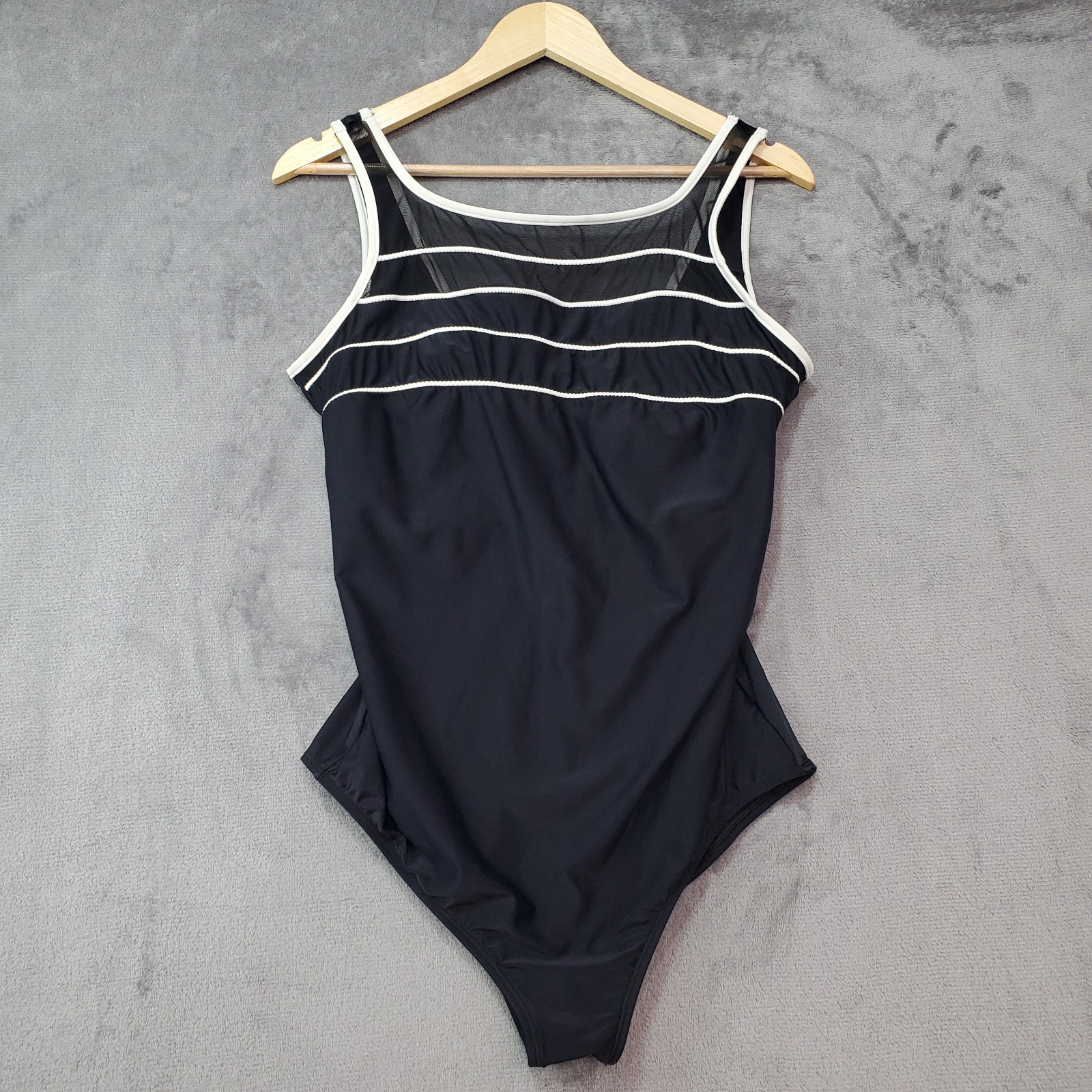 Vtg 80s Christina Mod Retro One Piece Swimsuit Black & White Mesh Front Size 20W