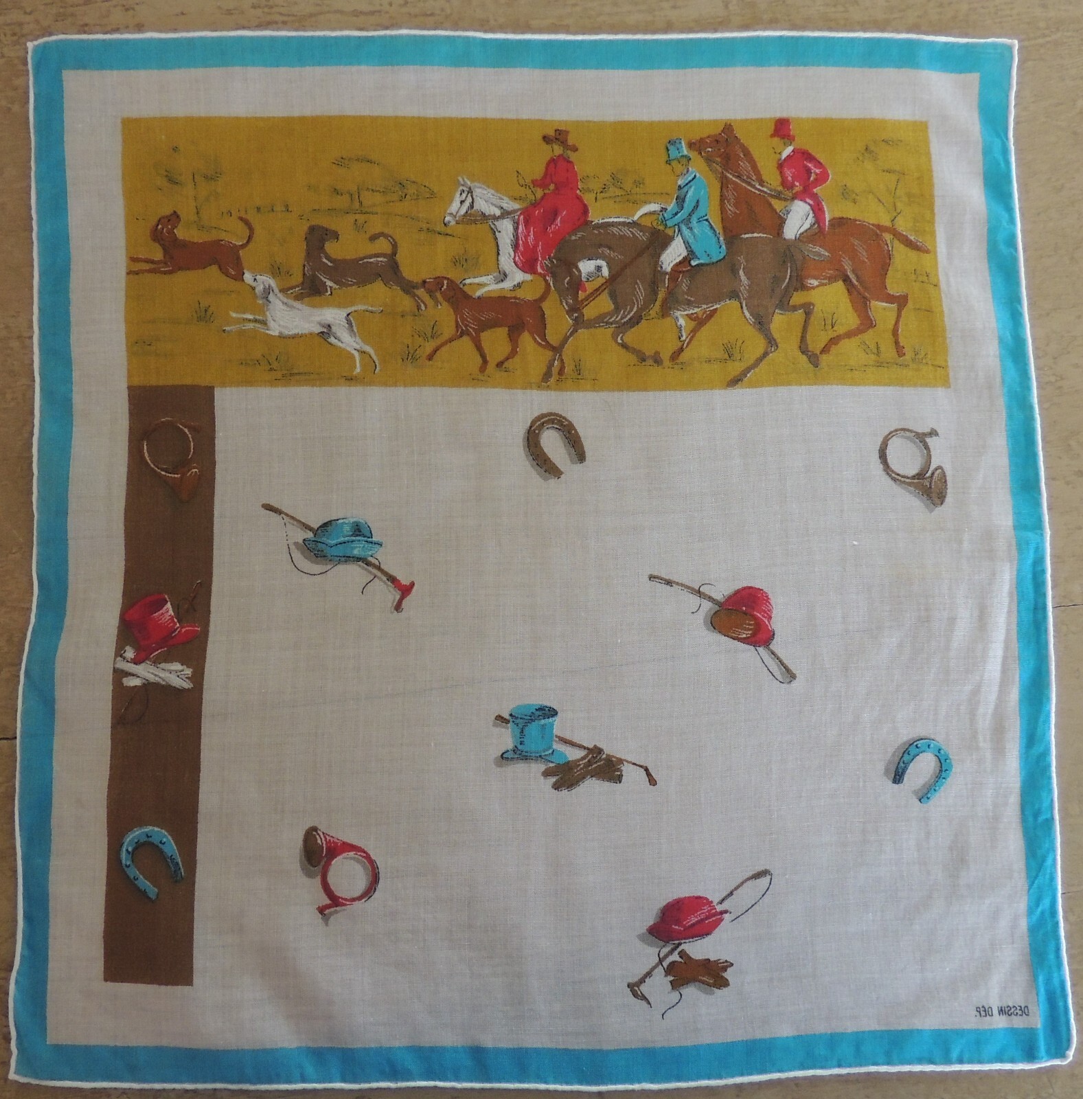 HUNT SCENE Vintage Dessin Dep. Organdy Handkerchief 12″ Square Colorful Scene
