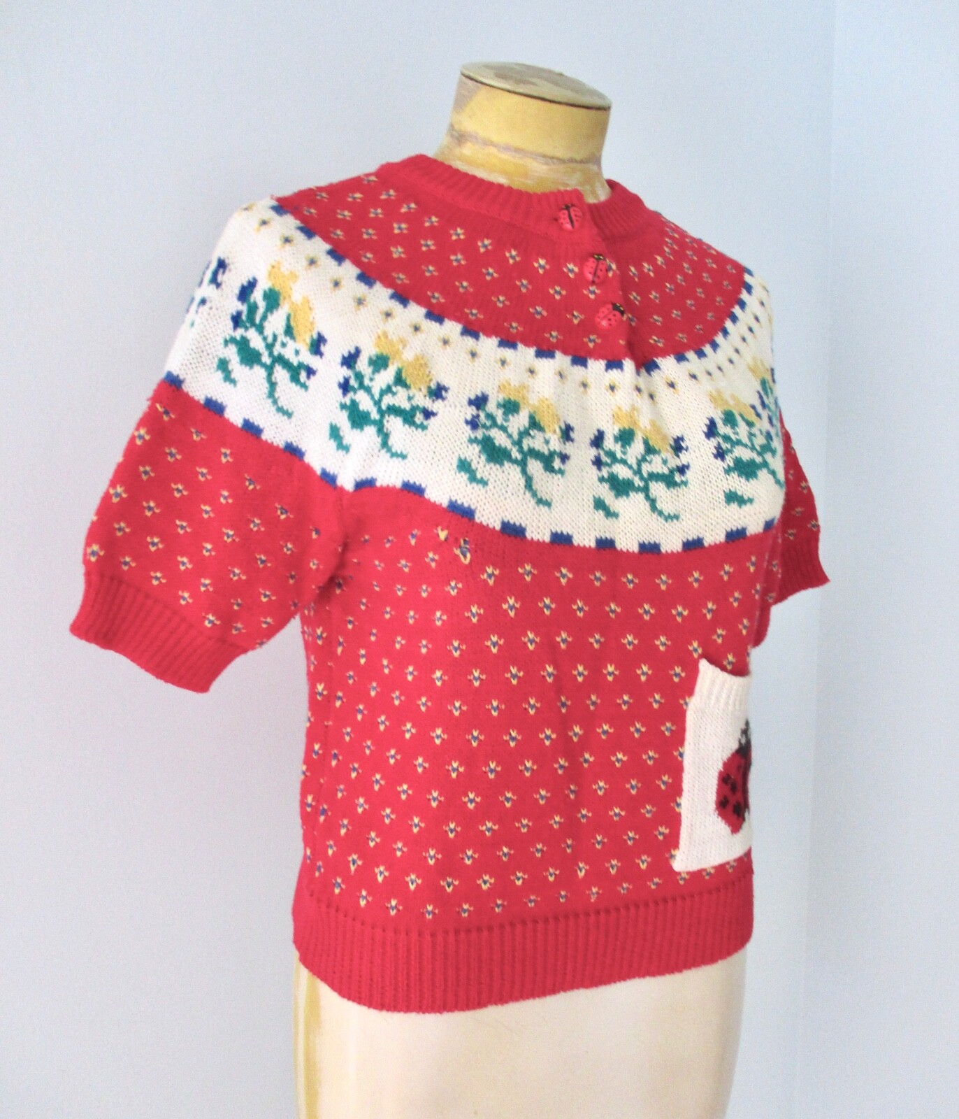Vtg 80s Eagle’s Eye red birds eye cottage core sweater ladybug buttons pocket S