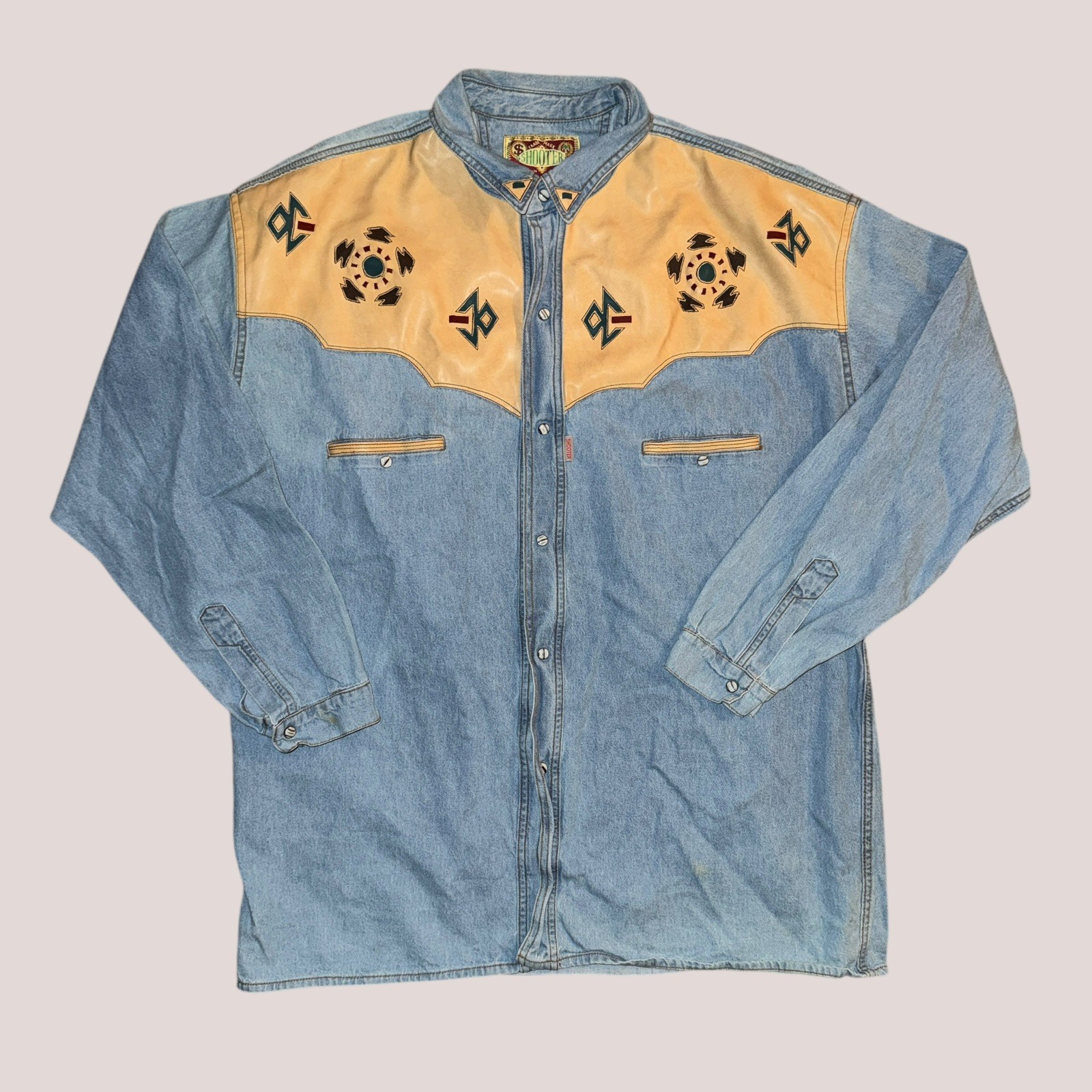 Vintage SHOOTER SouthWestern Shirt Men2XL Pearl Snap Aztec Cowboy Vintage Denim