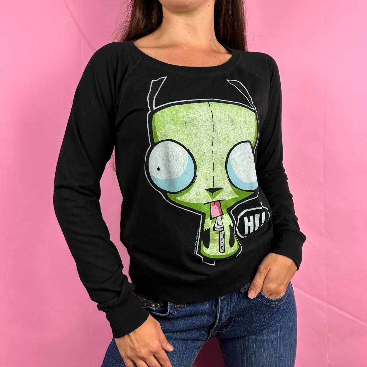 Y2K Invader Zim AOP Long Sleeve Shirt Mighty Fine T-Shirt women Sz Med grunge