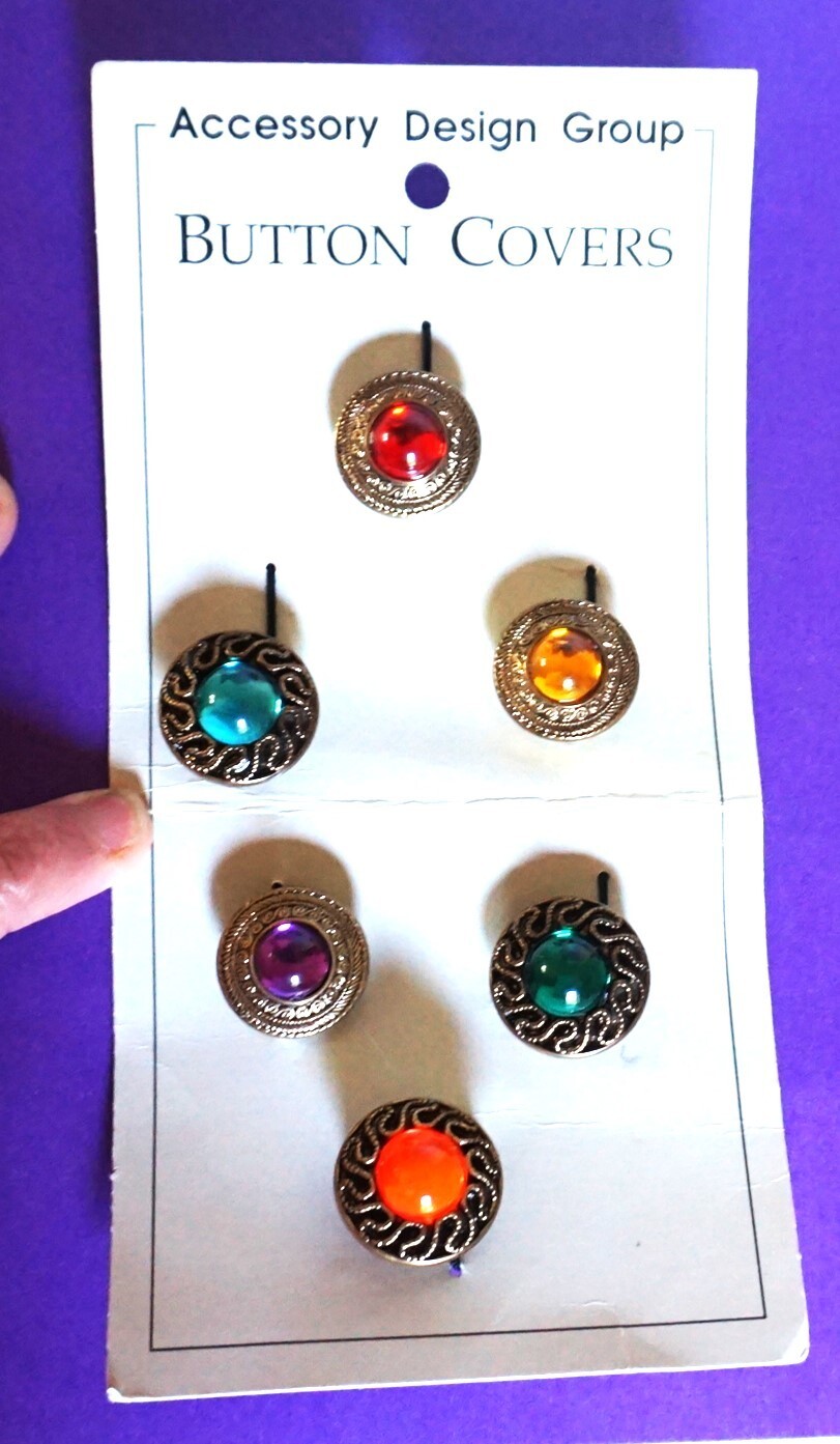 Vintage Accessory Design Group Button Covers Set 6 gold & multicolor faux gems