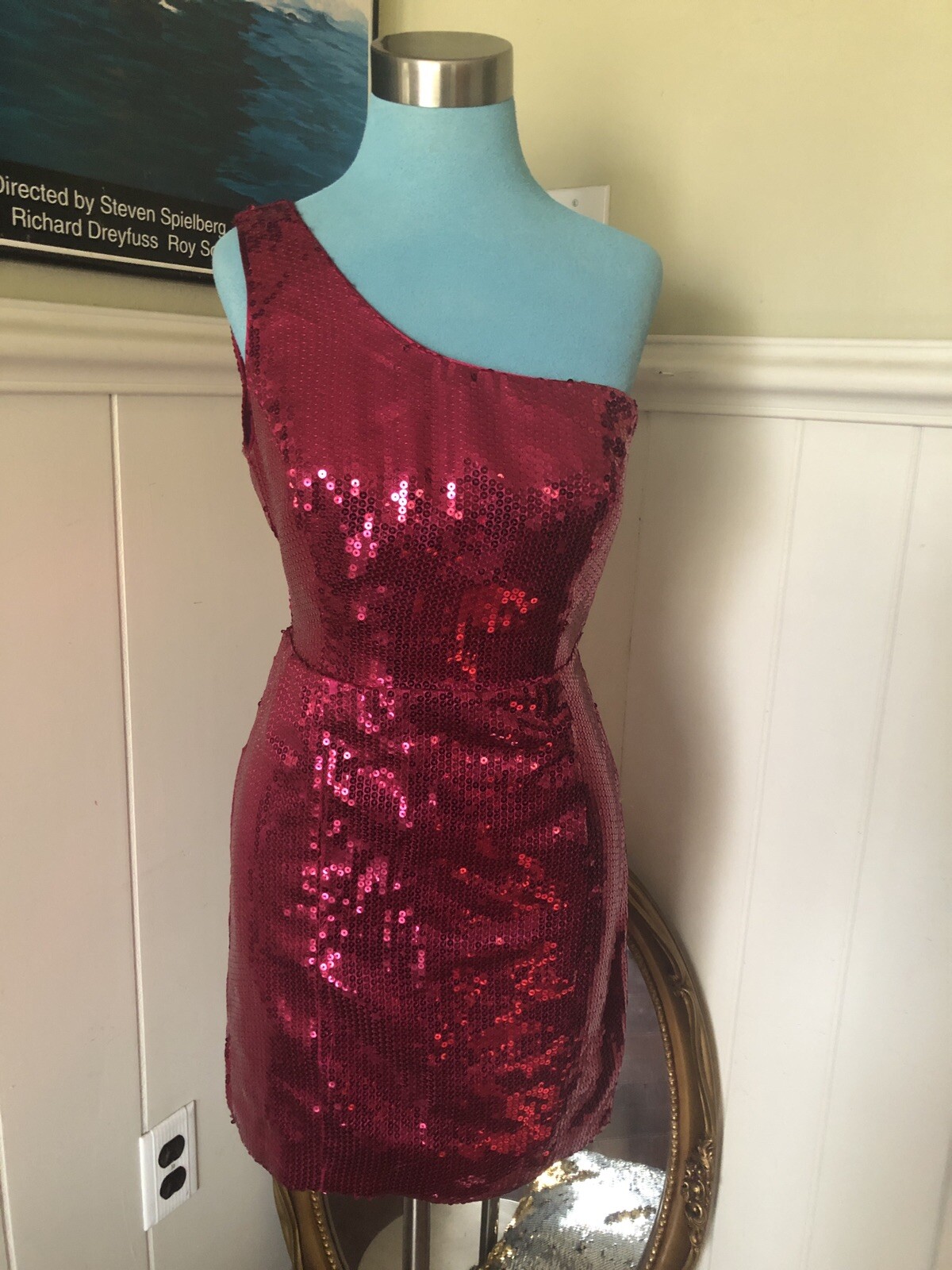 Vintage F 21 Magenta fuscia pink sequin one shoulder wiggle dress s xs P Barbie