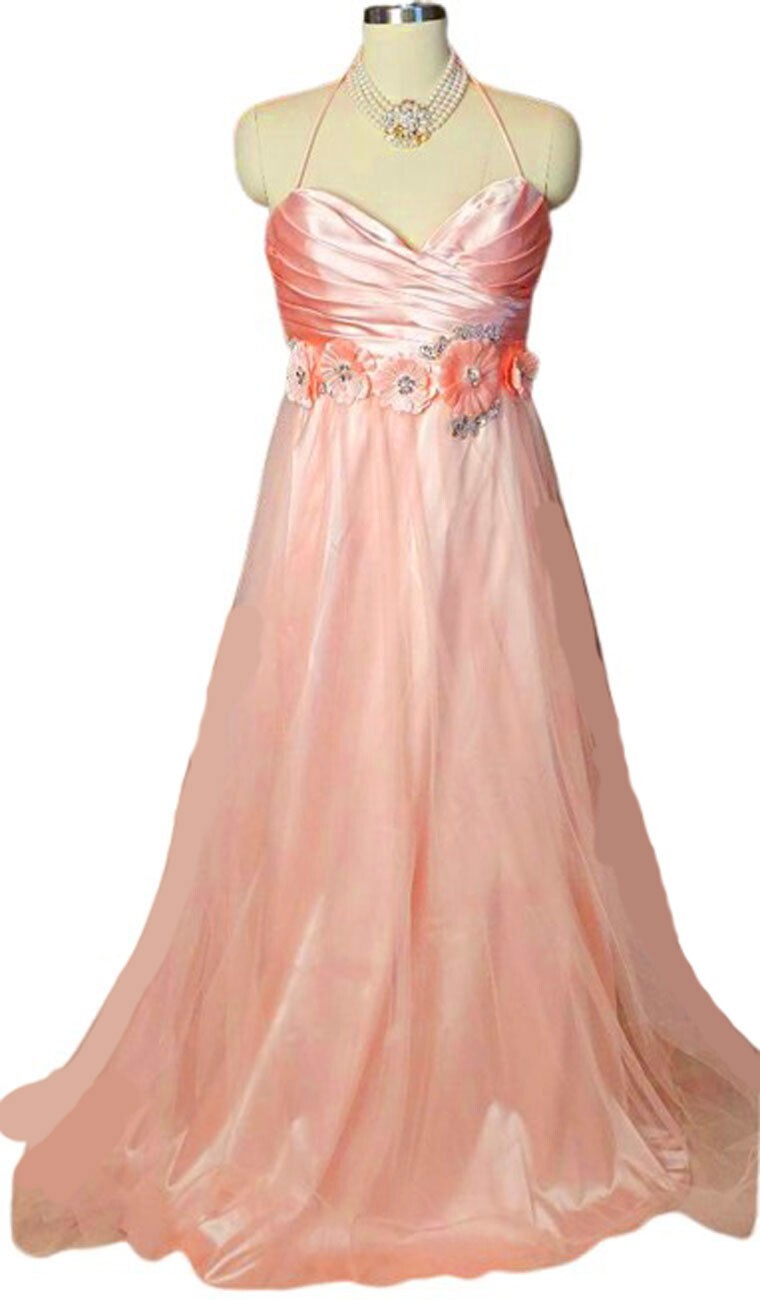 BLONDIE NITES NEW OLD STOCK SATIN SEQUIN ARTIFICIAL FLOWERS PLEATED EVENING GOWN