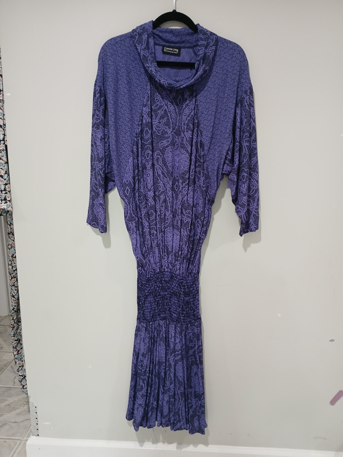 Carole Little For Saint Tropez West 80s Floral Smocked Waist Dress Purple M
