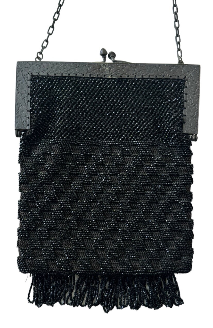 Victorian Evening Bag Black Beaded Metal Frame Check Flapper Small Shoulderbag