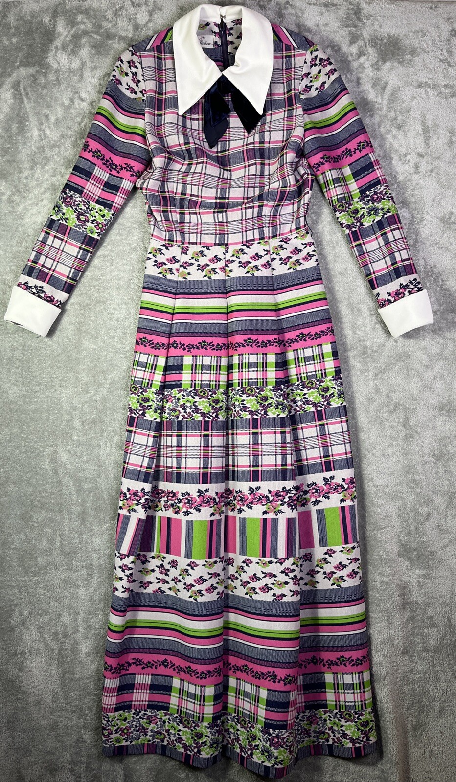Vintage 70s The KOLLECTION LTD Mod Knit Dress Plaid Floral Long Polyester