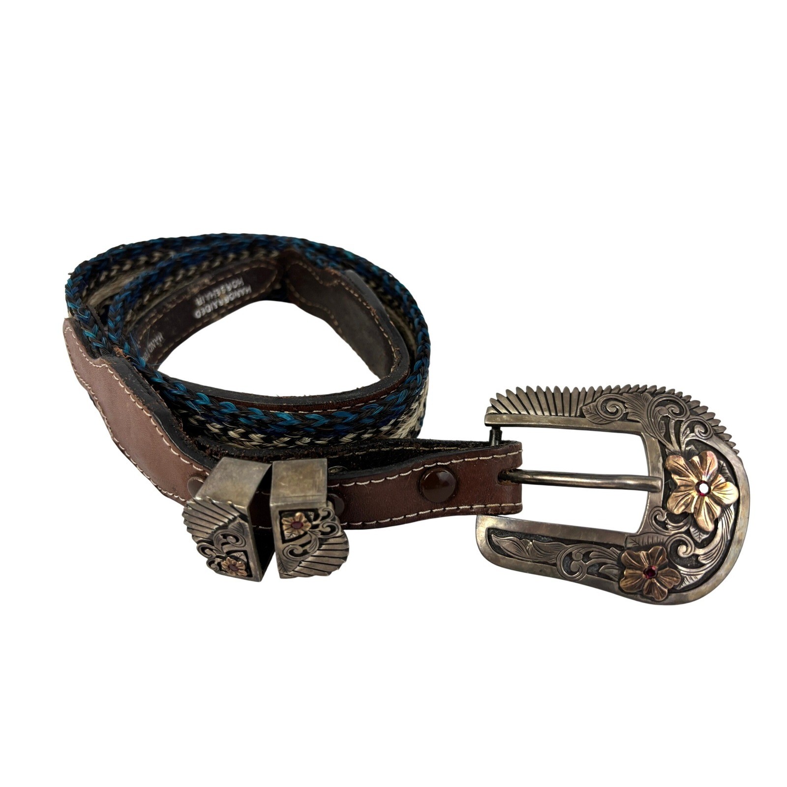 Richard Stump 925 Sterling 14K Gold Ruby Western Buckle Horsehair Belt 32 VTG