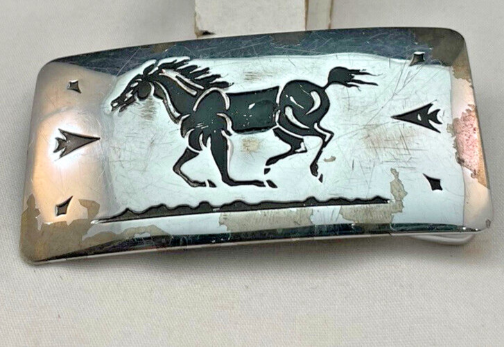 VTG Chamber Belt Co. Belt Buckle Silver Color w/Running Black Horse 2.75″x1.25″