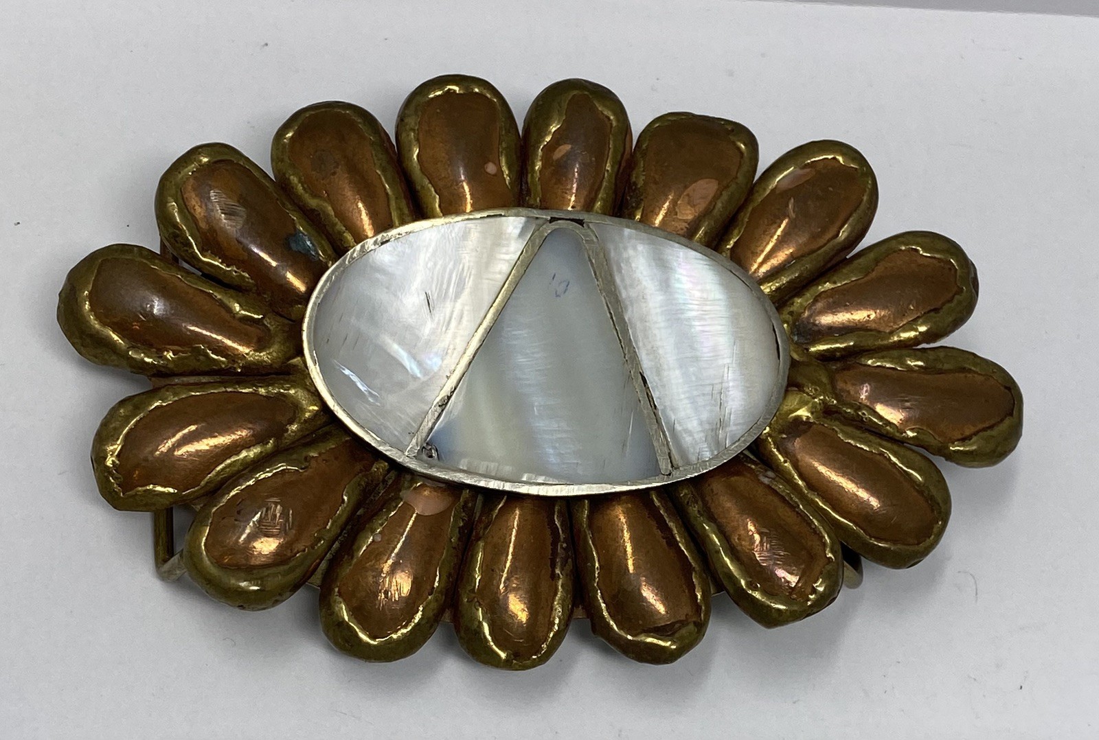 Vintage Heavy SOLID BRASS COPPER Brutalist Boho Hippie BELT BUCKLE Artisan Pearl