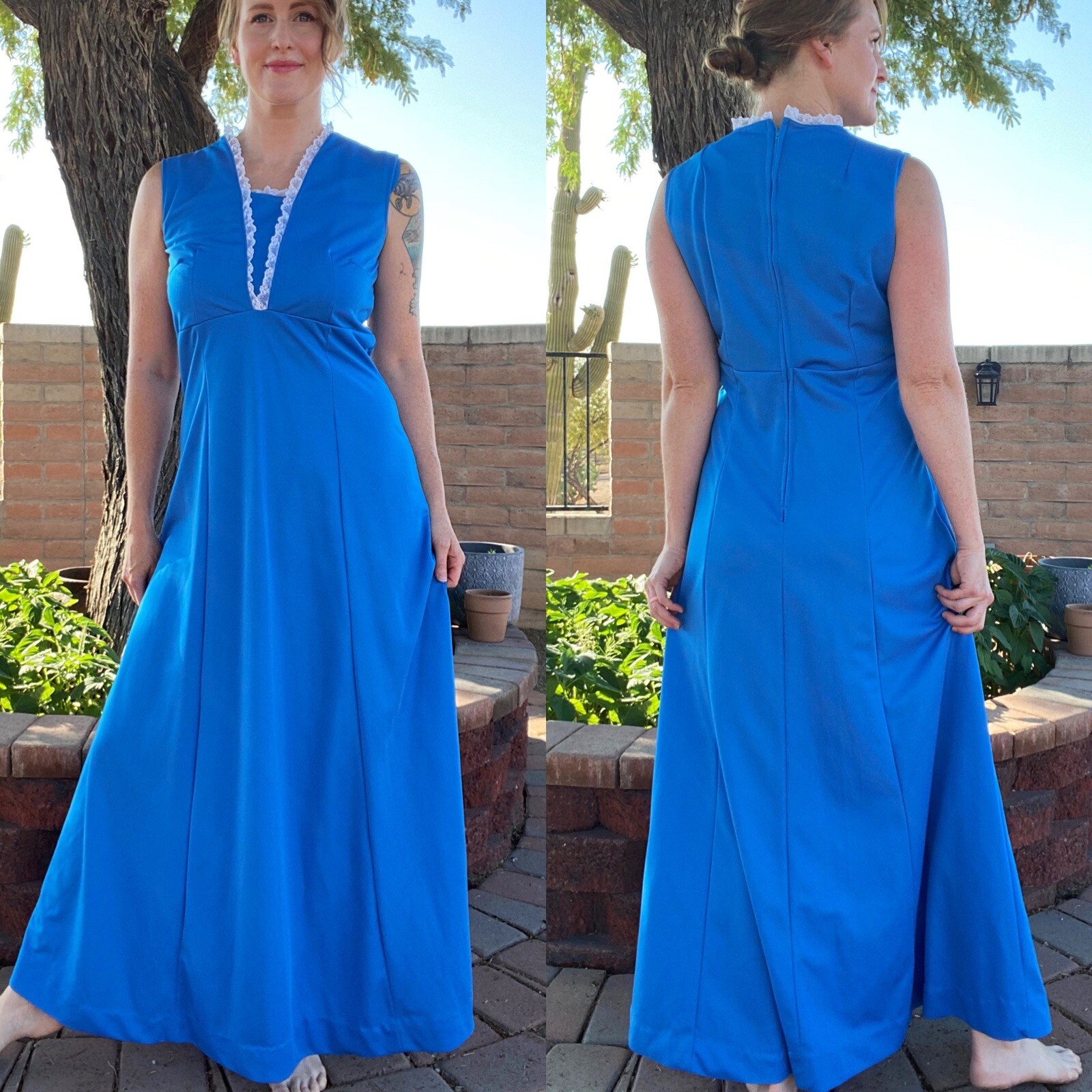 VTG 70’S HANDMADE BLUE SLEEVELESS EMPIRE WAIST MAXI DRESS WHITE LACE TRIM FITS L