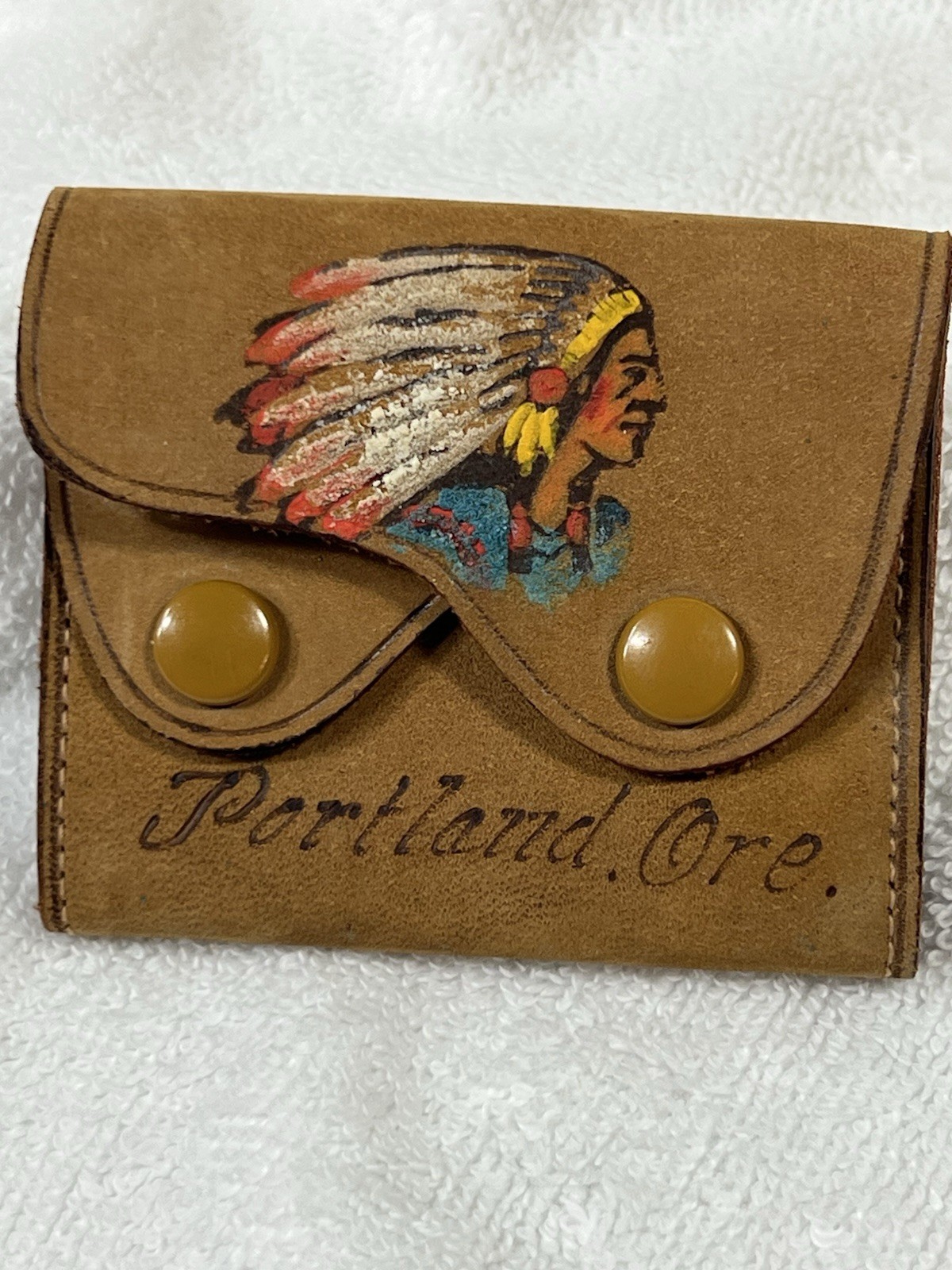 vintage Portland Oregon Native American Indian Chief Coin Purse Leather Souvenir