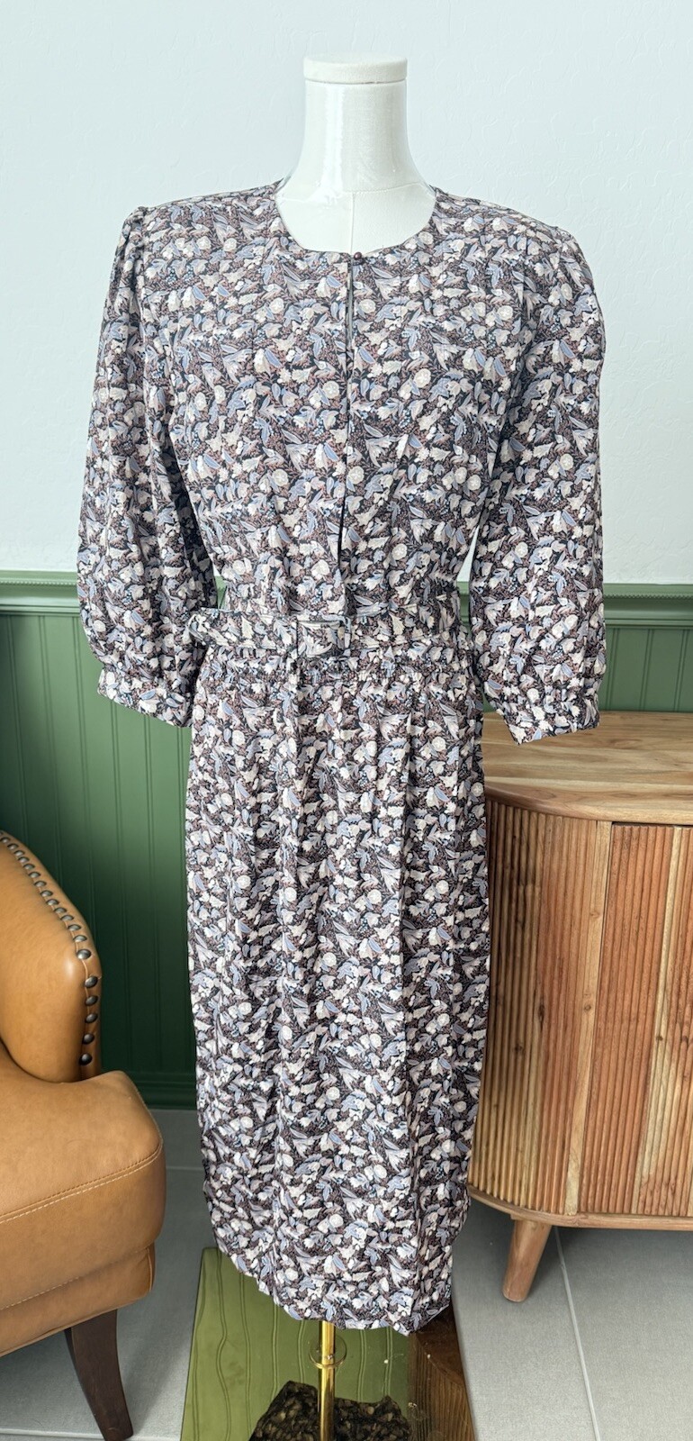 Vintage Pellini By Von Bramlett Floral Belted Brown Dress