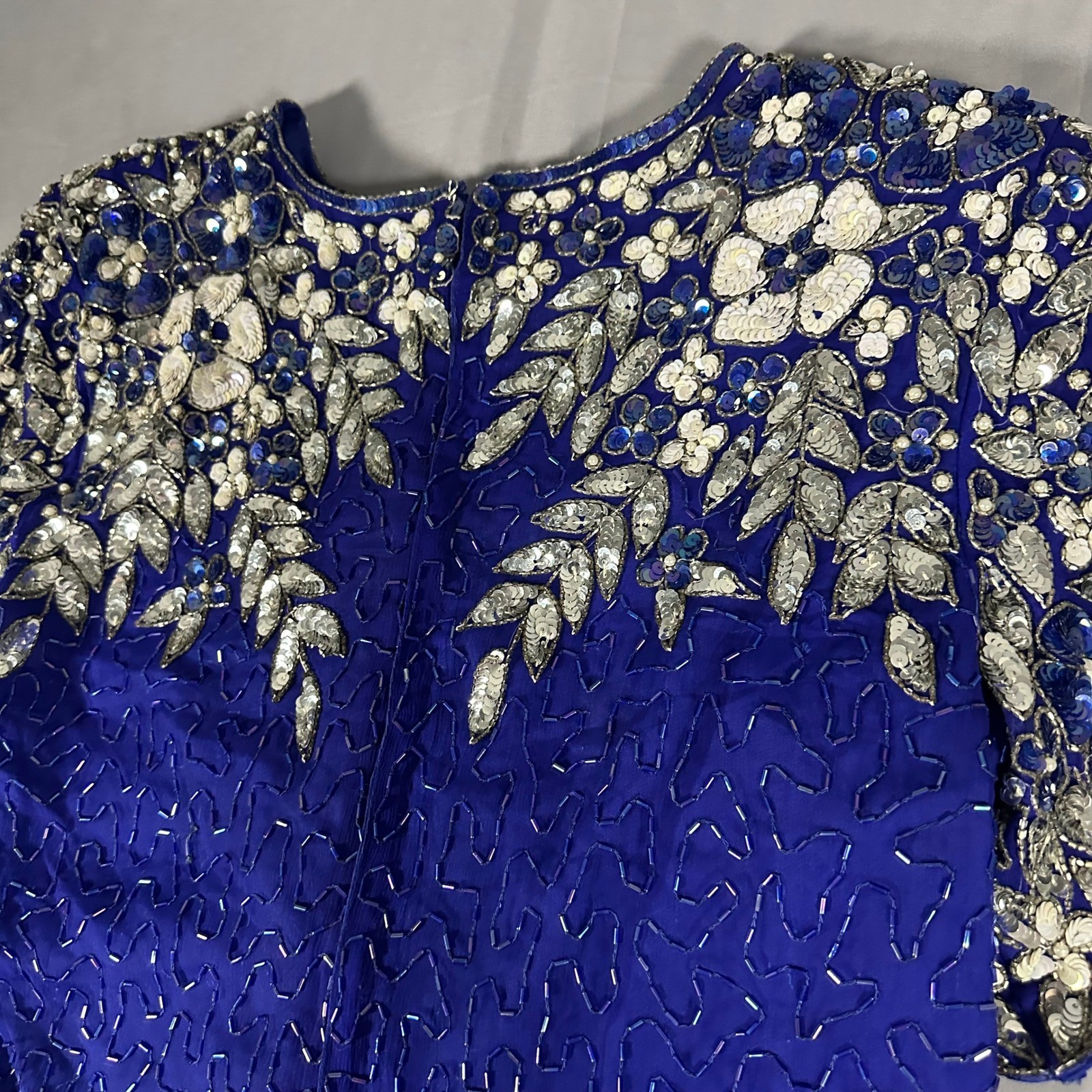 Stenay Beaded Silk Skirt Suit 14 Royal Blue Floral Sequin Vintage Excellent