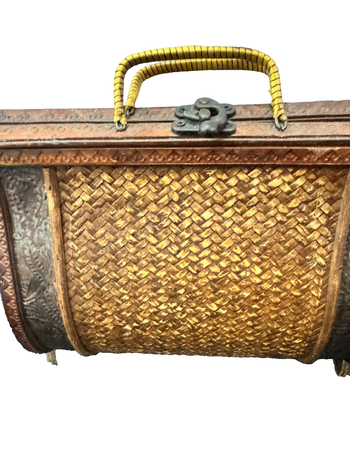 Vintage 60s Woven Wicker Box Purse, Mid Century Boho Top Handle Bag, Carved Wood