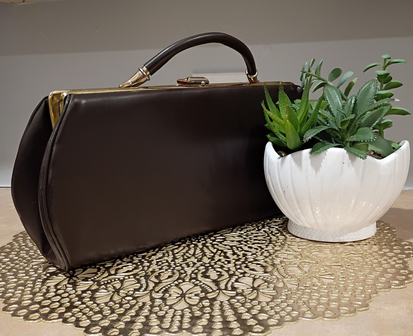 Vintage J Rudolph Brown Patent Leather Bag Gold Metal Closure and Accents