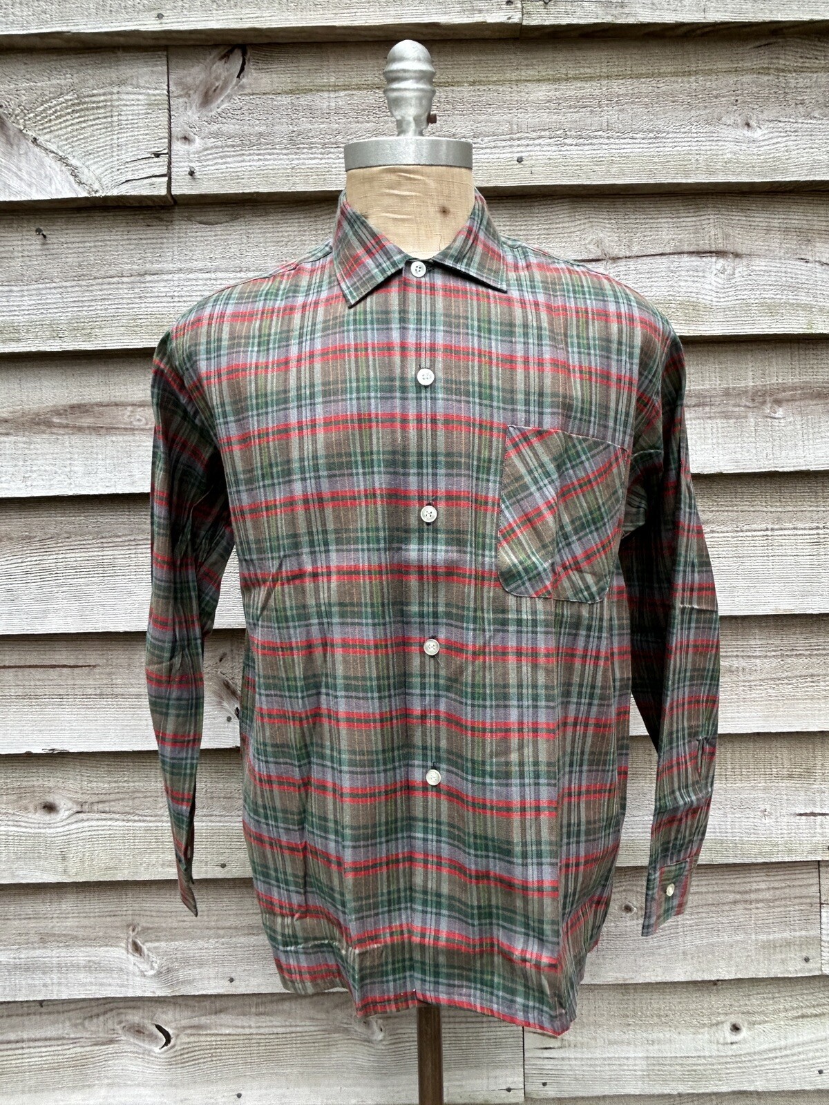 Vintage 1950s NOS Fall Plaid Linen Shirt By Donlin Large