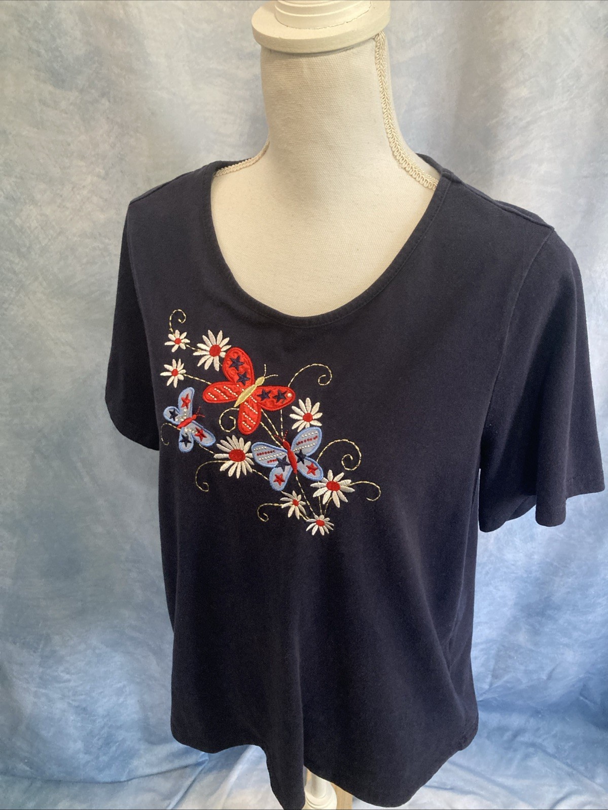 Vtg 90s Y2K Breckenridge Patriotic Embroidered Butterfly Navy T-Shirt Plus 1X
