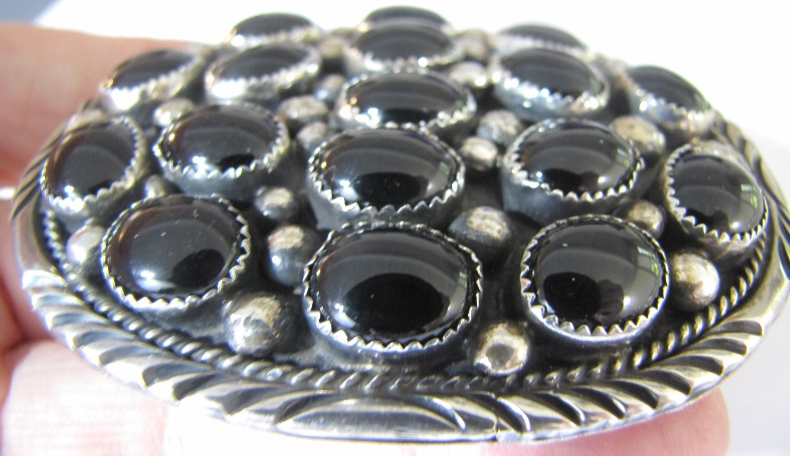 Vintage Navajo Sterling Silver Black Onyx Cluster Belt Buckle 70g GA Sterling
