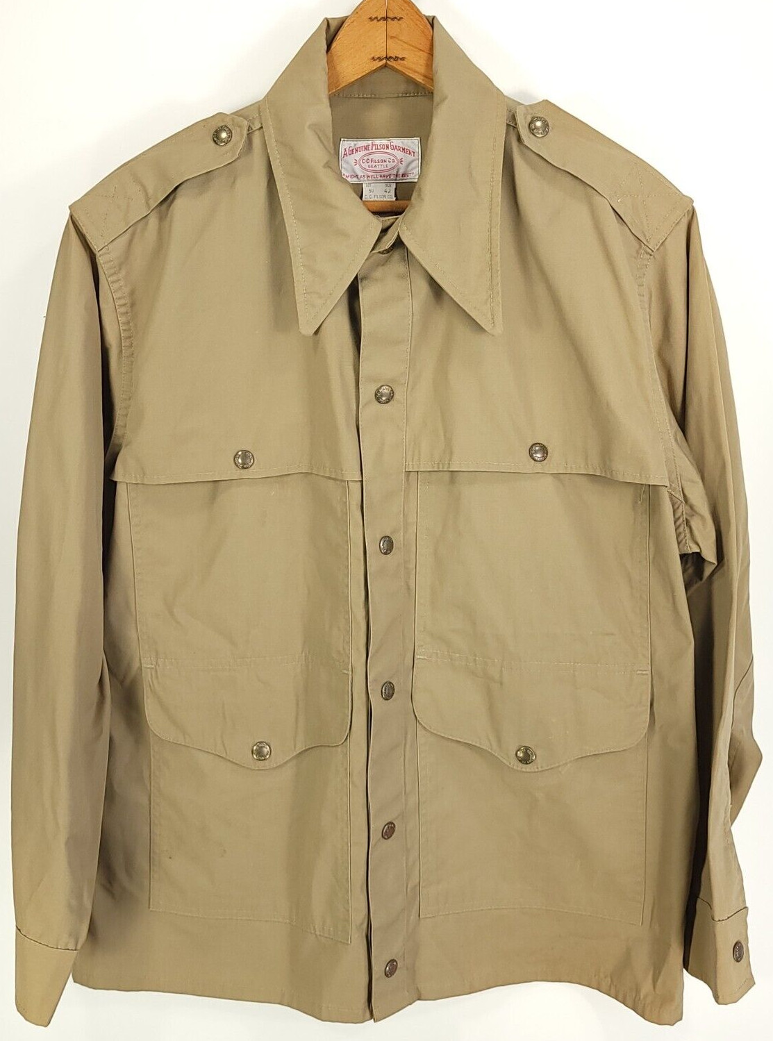 Vtg CC Filson Jacket Men’s 42 Khaki Tan Snap Front Lot 50 Workwear Hunting USA