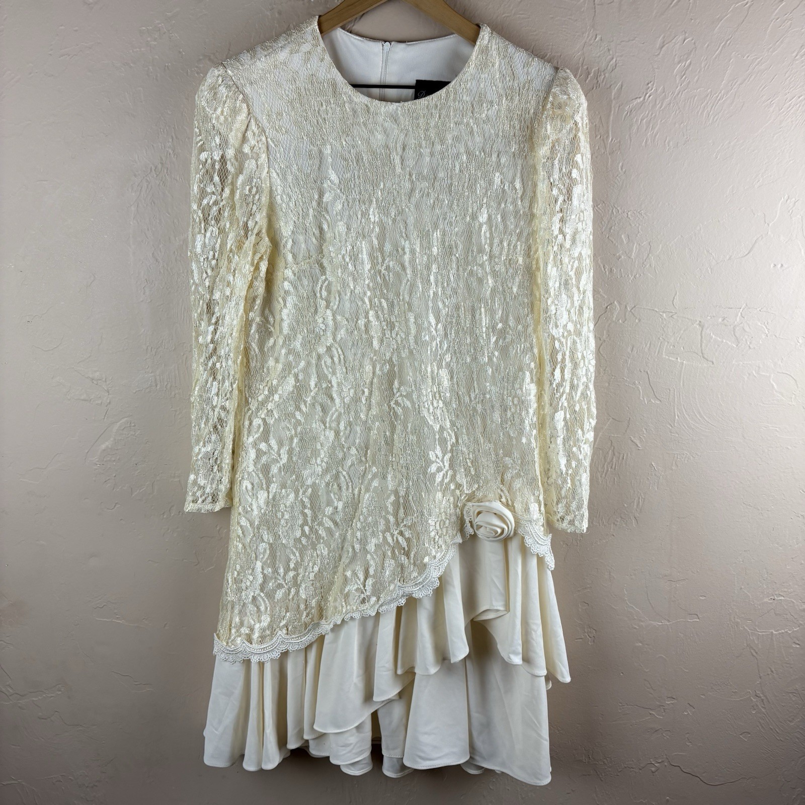 Vintage David Rose Flapper Cream Dress Long Sleeve Crew Neck Lace Wedding 12P